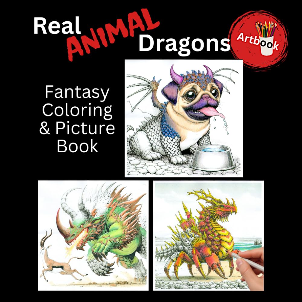 Real Animal Dragons - Fantasy Coloring & Picture Book: Funny & Realistic Dragon Coloring Book for Adults & Teens: 40 Greyscale Animal-Dragons + 20 ... Dragons | 8.5x8.5 inches (Fantasy Artbooks)