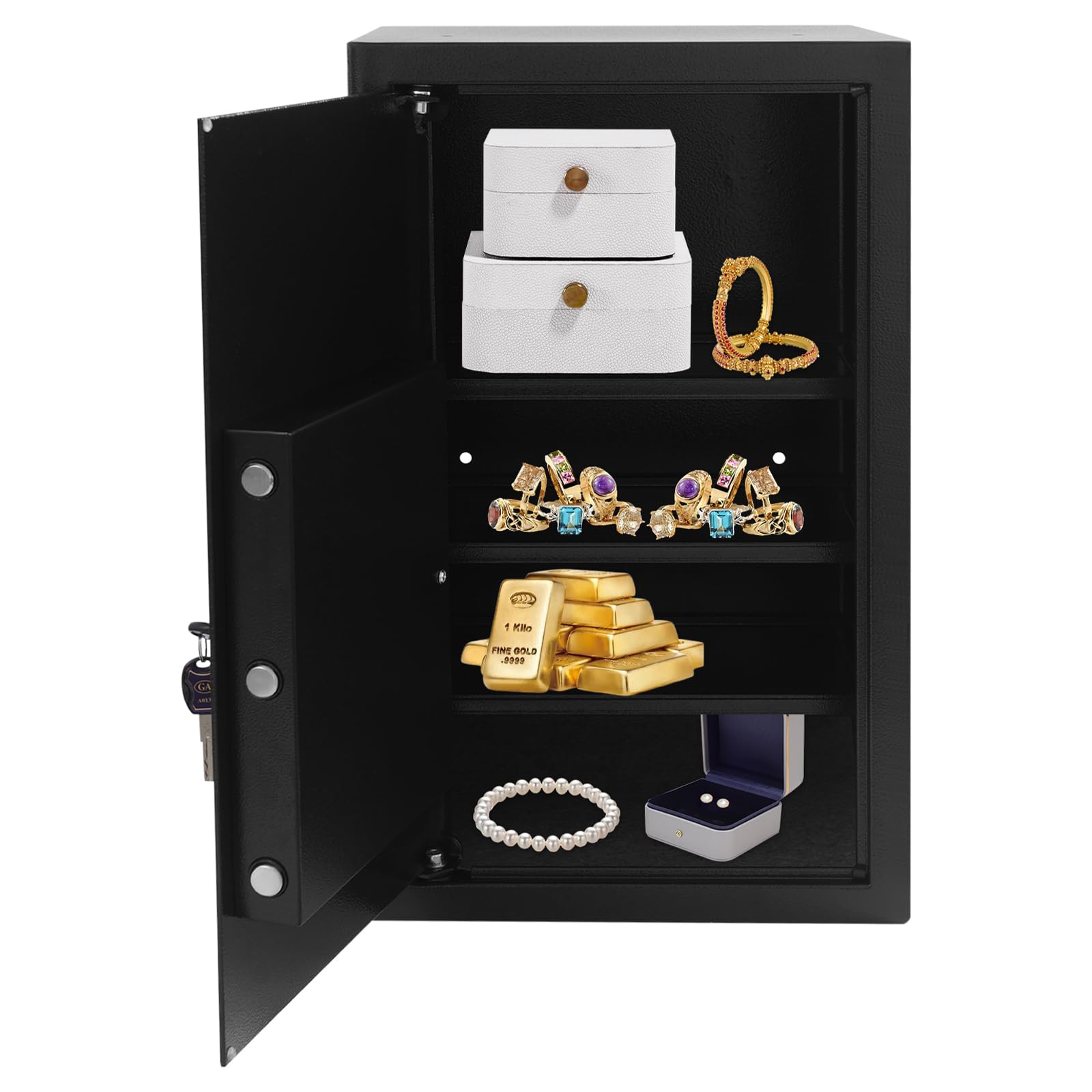 Armadio di sicurezza professionale da 60 l, ad alta sicurezza, in acciaio, con 3 bulloni di bloccaggio e montaggio a parete, per documenti, gioielli, contanti, 62,5 x 37 x 31 cm