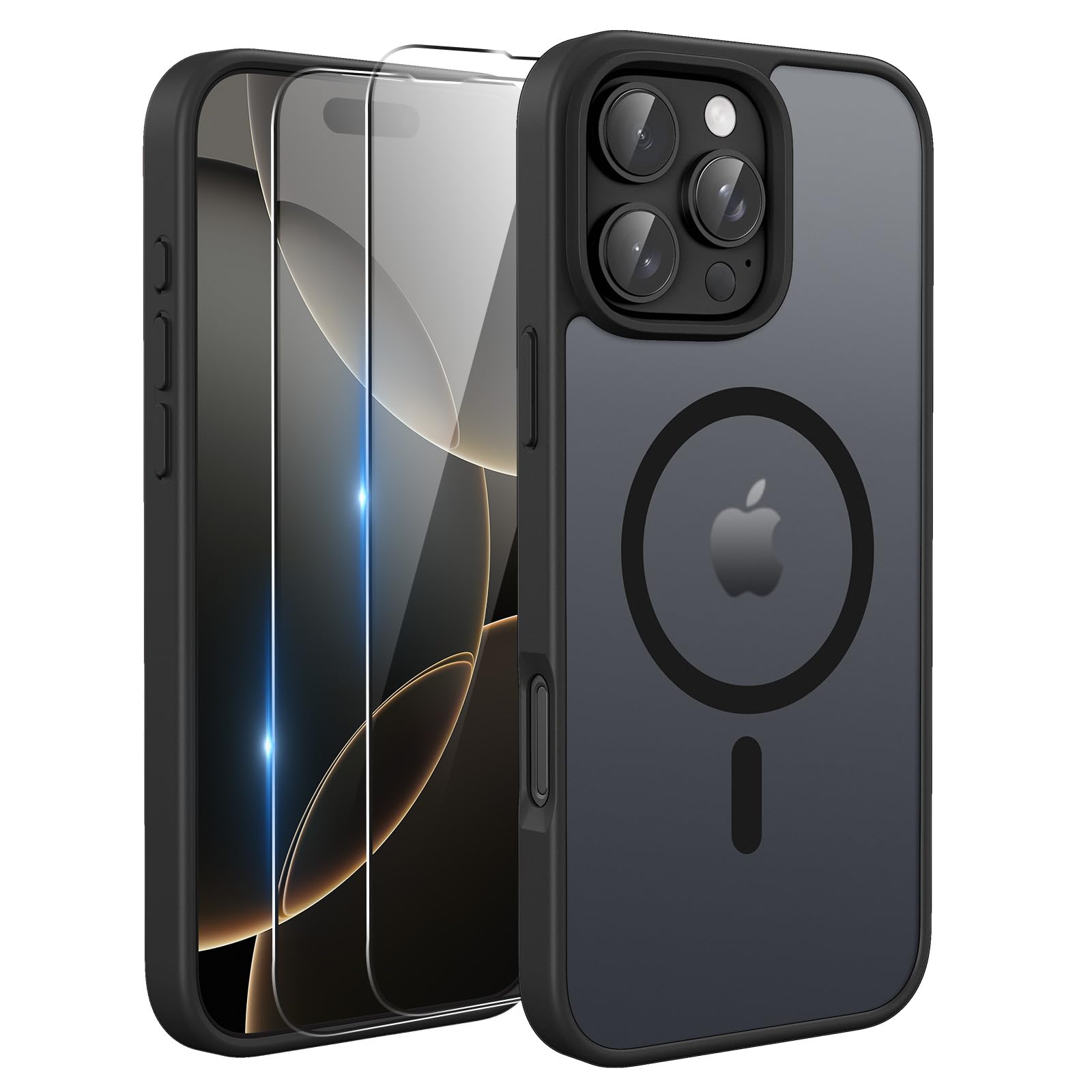 TQIAHF Magnetica Cover per iPhone 16 PRO Max con 2 Pellicola Vetro Temperato Protezione Schermo Compatibile con Magsafe Case Militare Antiurto Opaca Telefono Custodia per iPhone 16 PRO Max,Nero