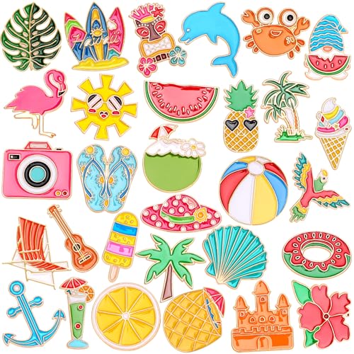 Image of SANNIX 60Pcs Summer Enamel Pins, Bulk Hawaiian Lapel Pins for Backpacks, Cartoon Watermelon Surfboard Coconut Tree Brooch Pins Beach Button Badges for Clothes Bags Hats Accessories, 30 Styles