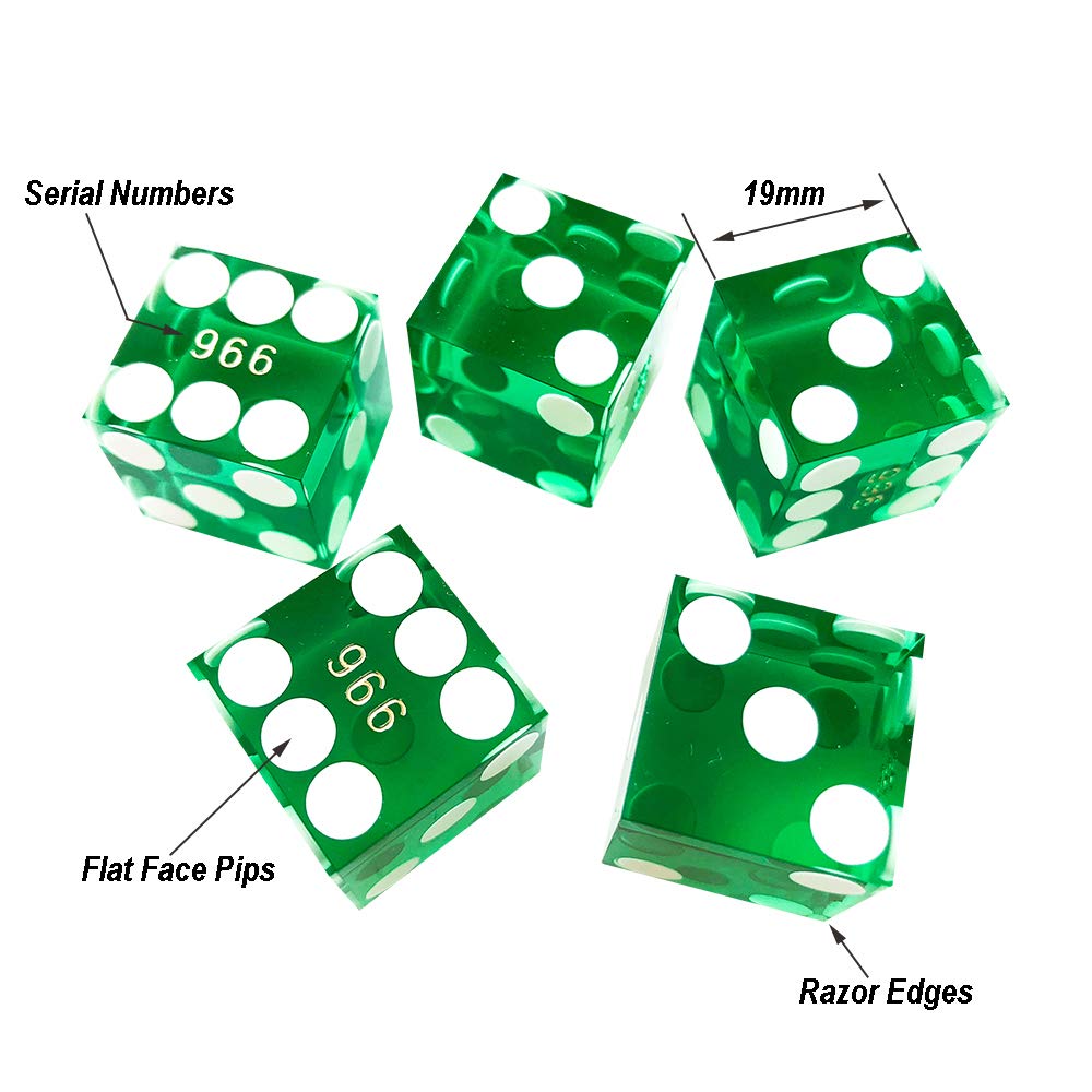 Yuanhe Juego de dados de casino, incluye 5 dados de casino serializados de precisión verde de 19 mm y botón de disco de encendido/apagado de dados de 3 pulgadas