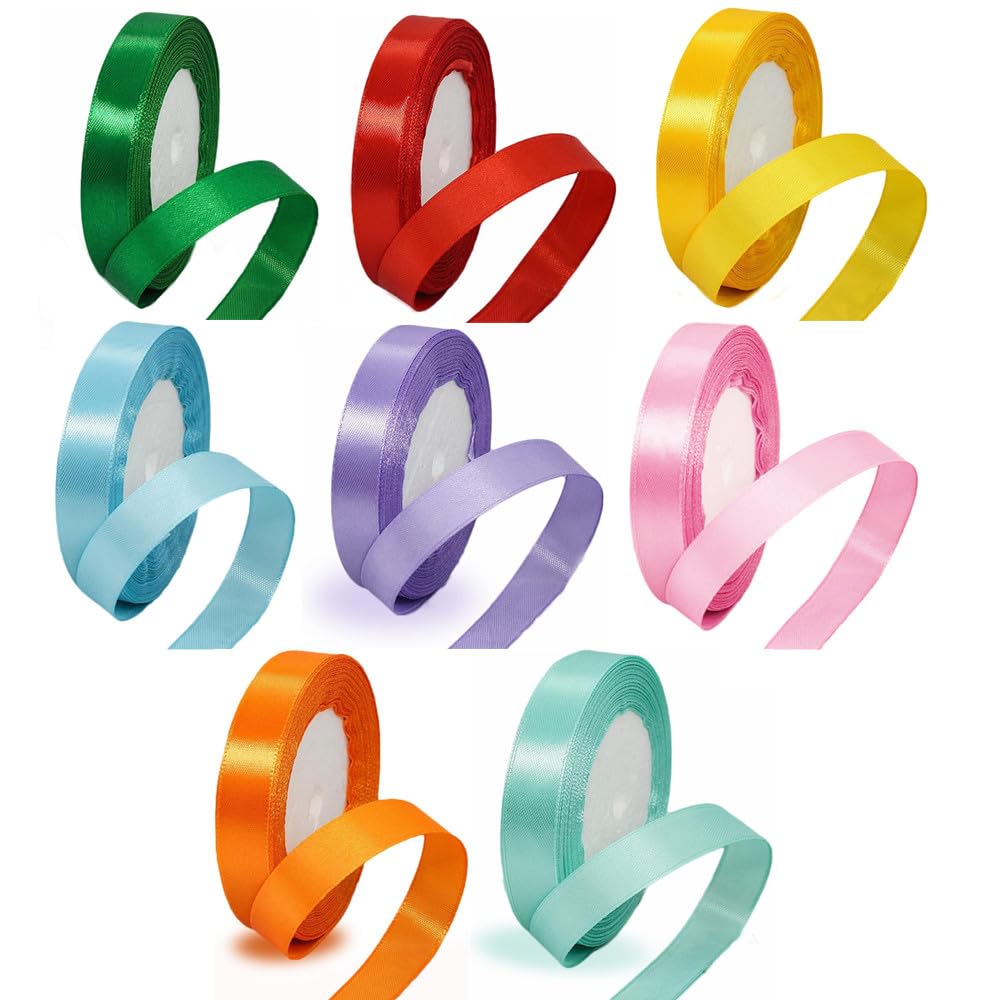 Morices 15mm Satin Ribbons for Gift Crafting, 8 Rolls Single Sided Fabric Ribbon 22m/Roll Gift Wrapping Ribbons, for DIY Card Making Wedding Presents Florist Bouquets Hair Bows Cake Decoration
