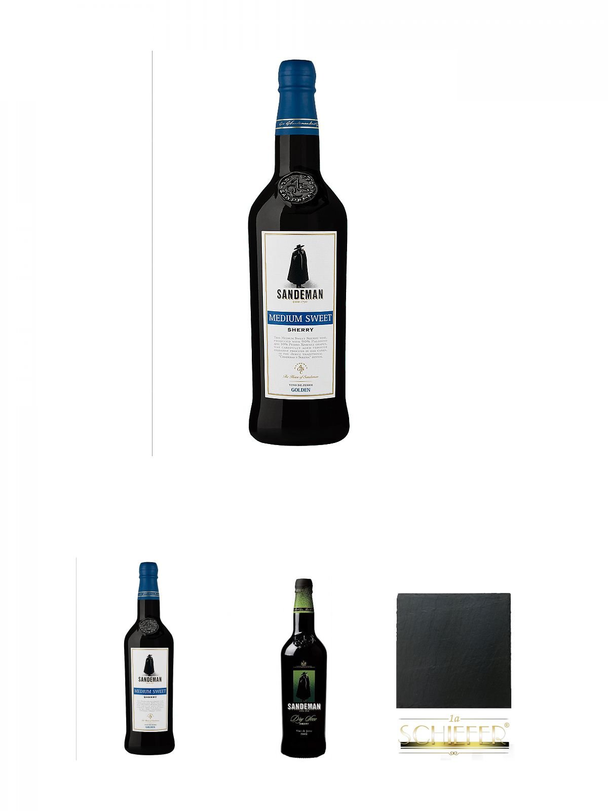 Sandeman Medium Sweet Sherry Spanien 0,75 Liter + Sandeman Medium Sweet Sherry Spanien 0,75 Liter + Sandeman Fino Sherry Spanien 0,75 Liter + Schiefer Glasuntersetzer eckig ca. 9,5 cm Durchmesser
