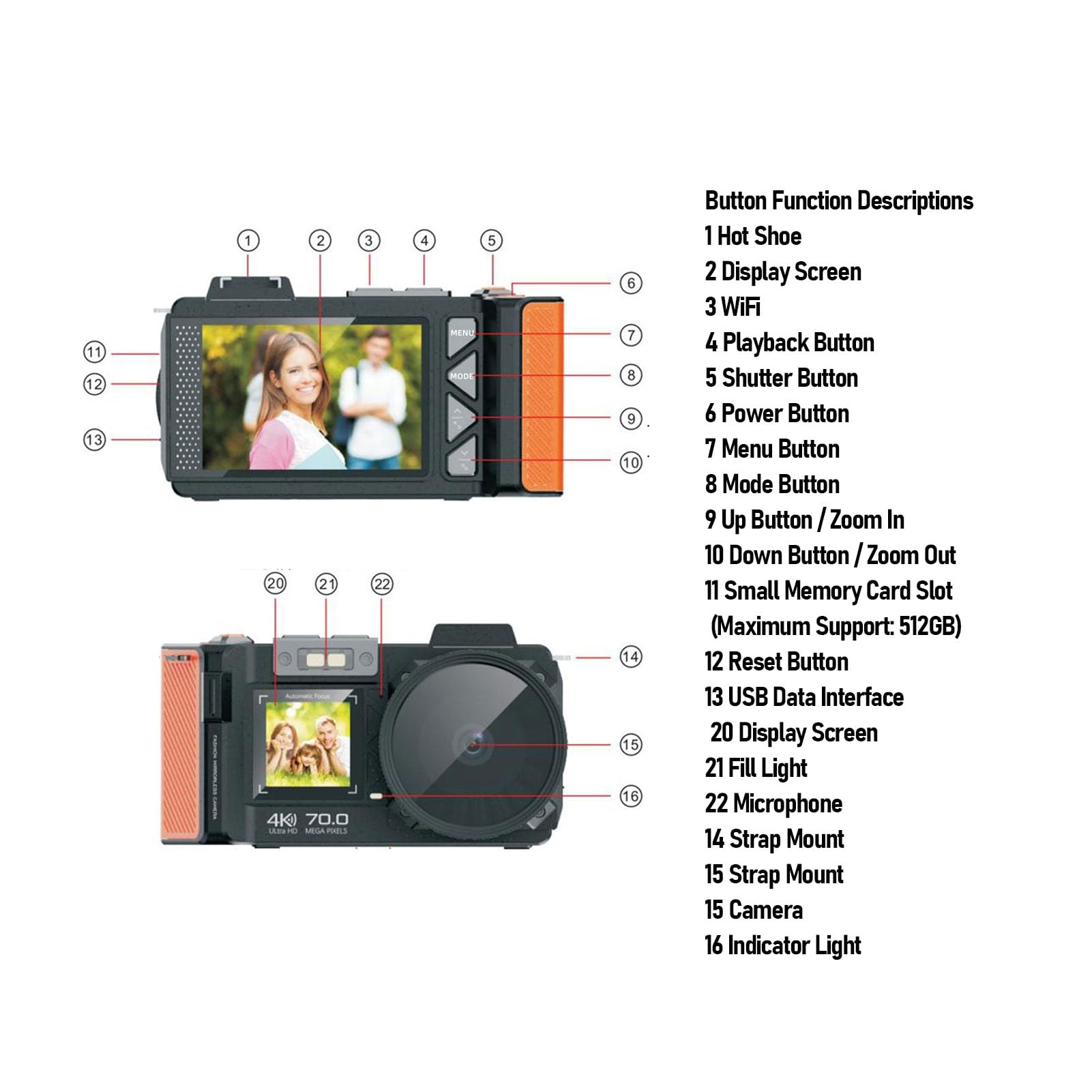 Sxhlseller DSLR -Kamera, 70MP 4K 50x Zoom Auto Focus Weitwinkel F1.8 Digitalkamera mit Doppelbildschirm für das Reisen, Ausgestattet mit WLAN, 50 -Fach Digitaler Zoom (Black)