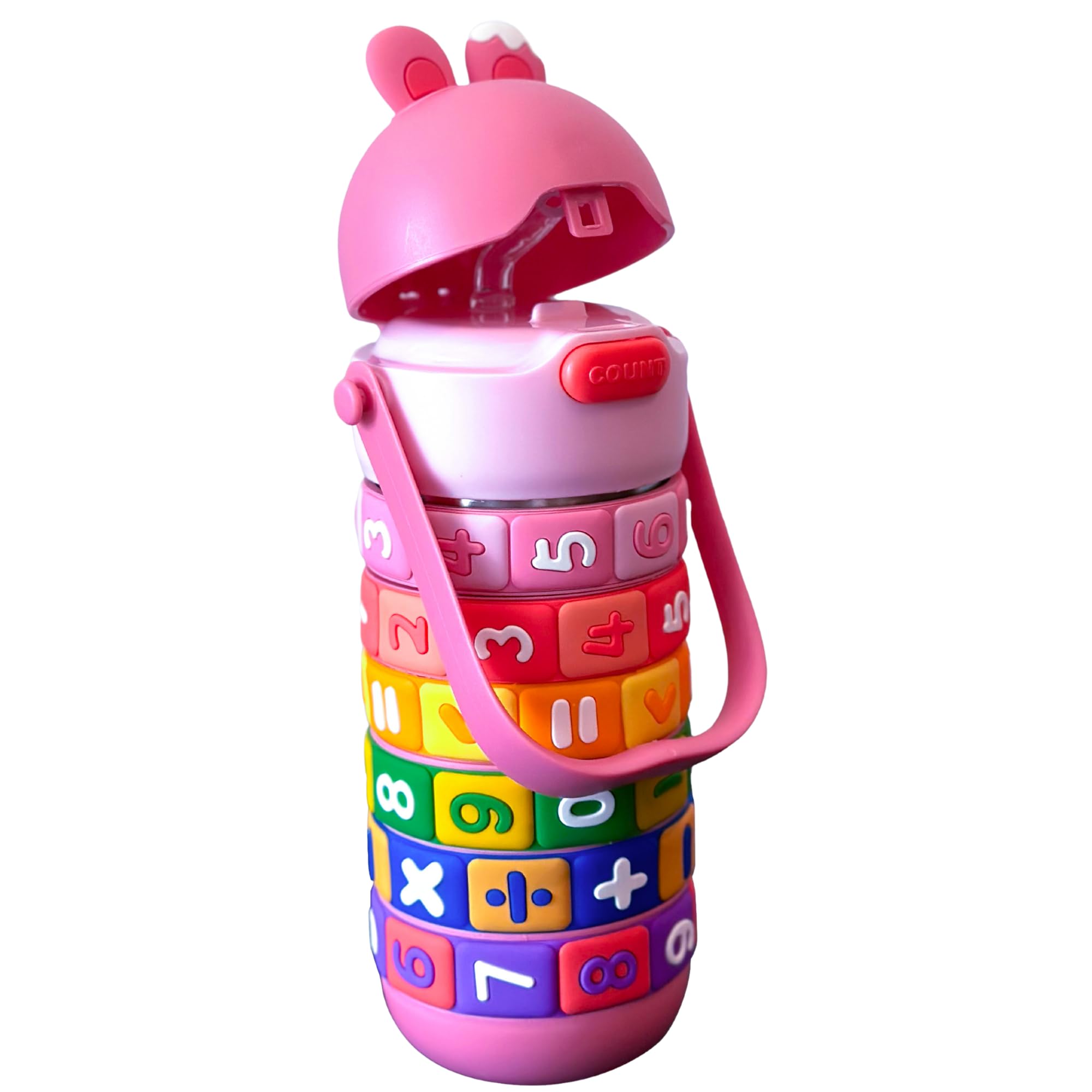 Educational 430ml BPA Free Insulated Stainless Steel Water Bottle for Kids for Girls and Boys | Leak-Proof Flip Lid, Carrying Strap, Creative Math Learning Puzzle Rings, Fun Design (Pink)
