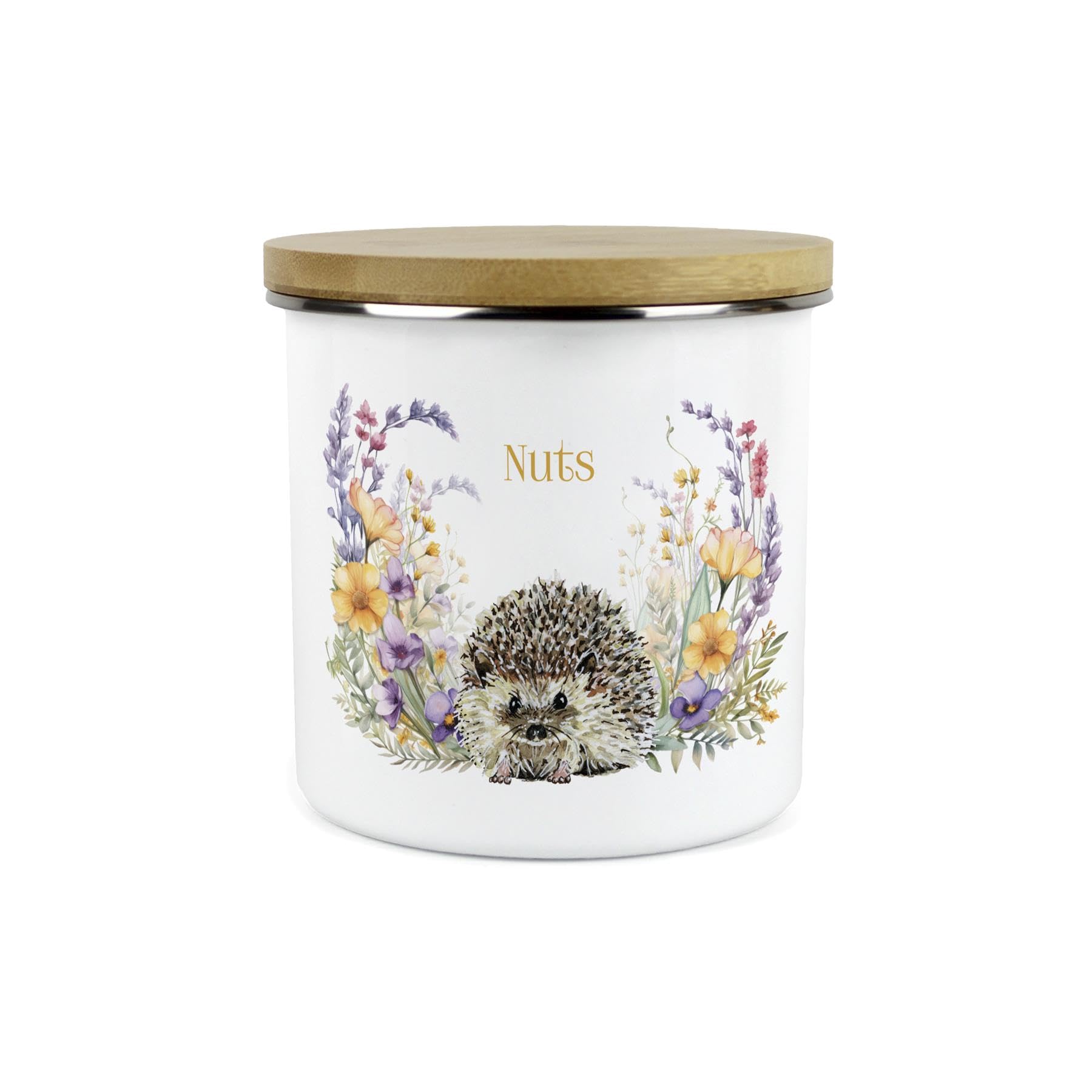 Floral Hedgehog Personalised Storage Canister - Pretty Wildlife & Foliage Large Enamel Home/Kitchen Container Gifts