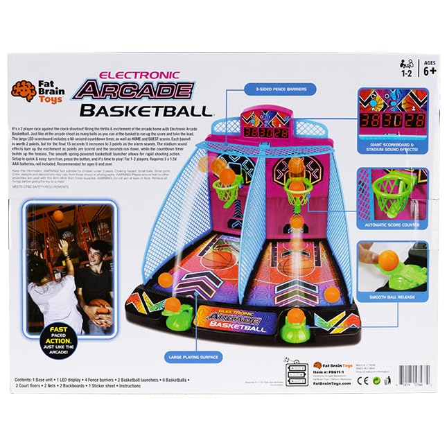 Fat Brain Toys Electronic Arcade Basketball Hyper Neon Giochi per età da 6 a 10 | Gioco di lancio veloce per 2 giocatori. Tabellone segnapunti integrato. Effetti sonori e musica. Dai 6 agli 8 anni.