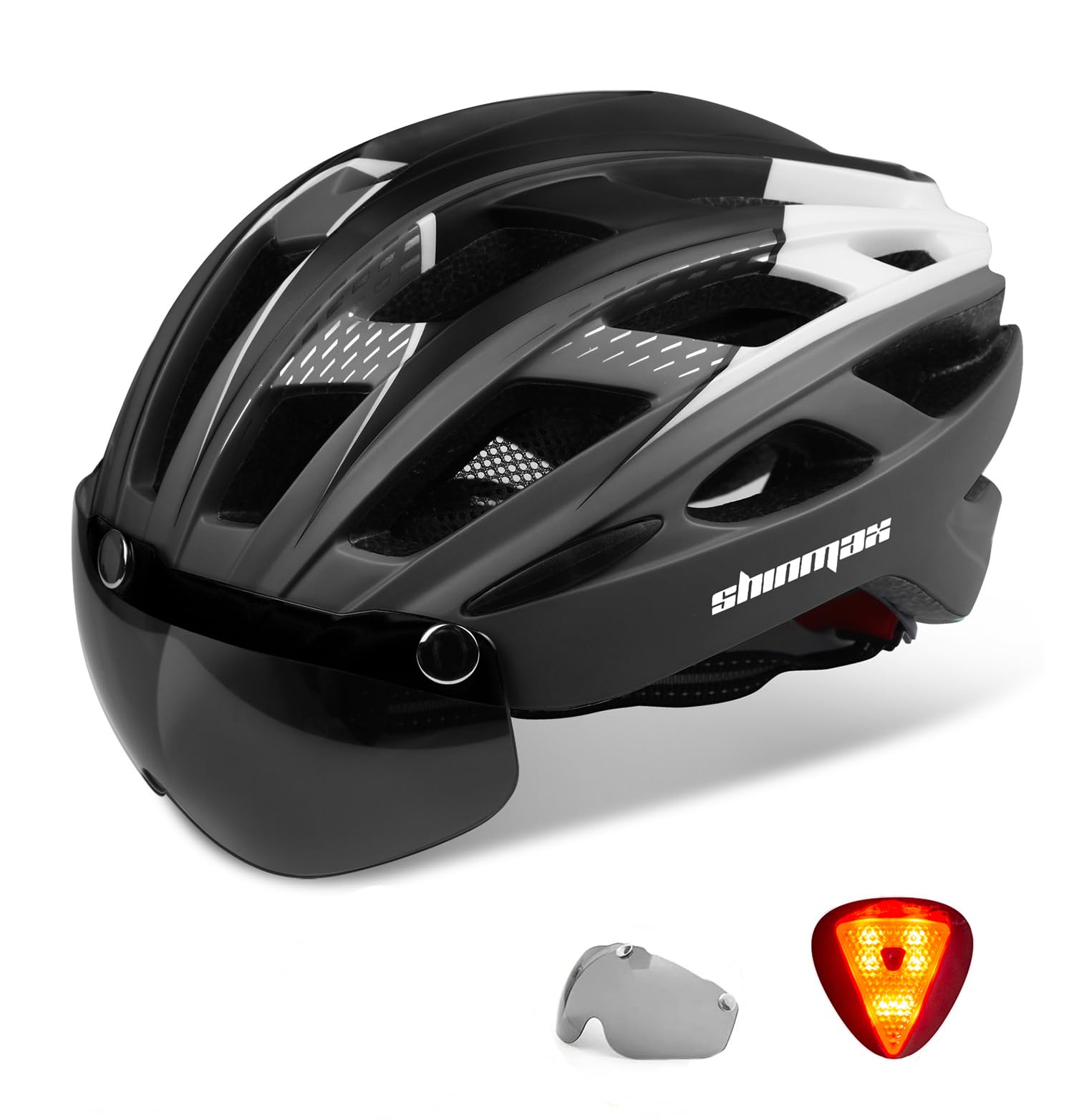 Shinmax Fahrradhelm mit LED-Beleuchtung, Fahrradhelm mit Sicherheitsbeleuchtung, magnetischer Fahrradhelm und abnehmbarem Visier, Rollvisier, Ski, Snowboard, Fahrradhelm für Damen und Herren, NR-096