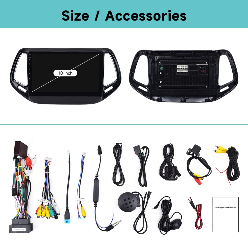 Autoradio 10" Android per Jeep Compass 2015 2016 2017 2018 2019 2020, Wireless CarPlay Android Auto, Navigazione GPS, Bluetooth, WiFi, Schermo Touch HD, Supporto Retrocamera 4+64