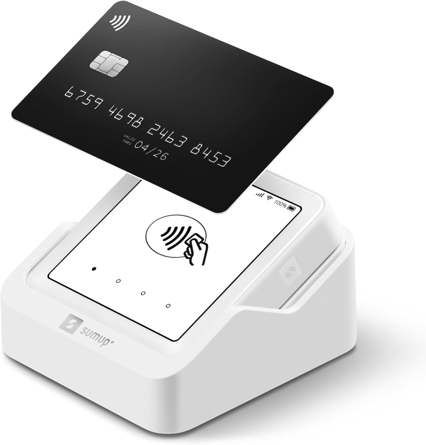 SumUp Solo card reader with a black credit card being tapped for contactless payment