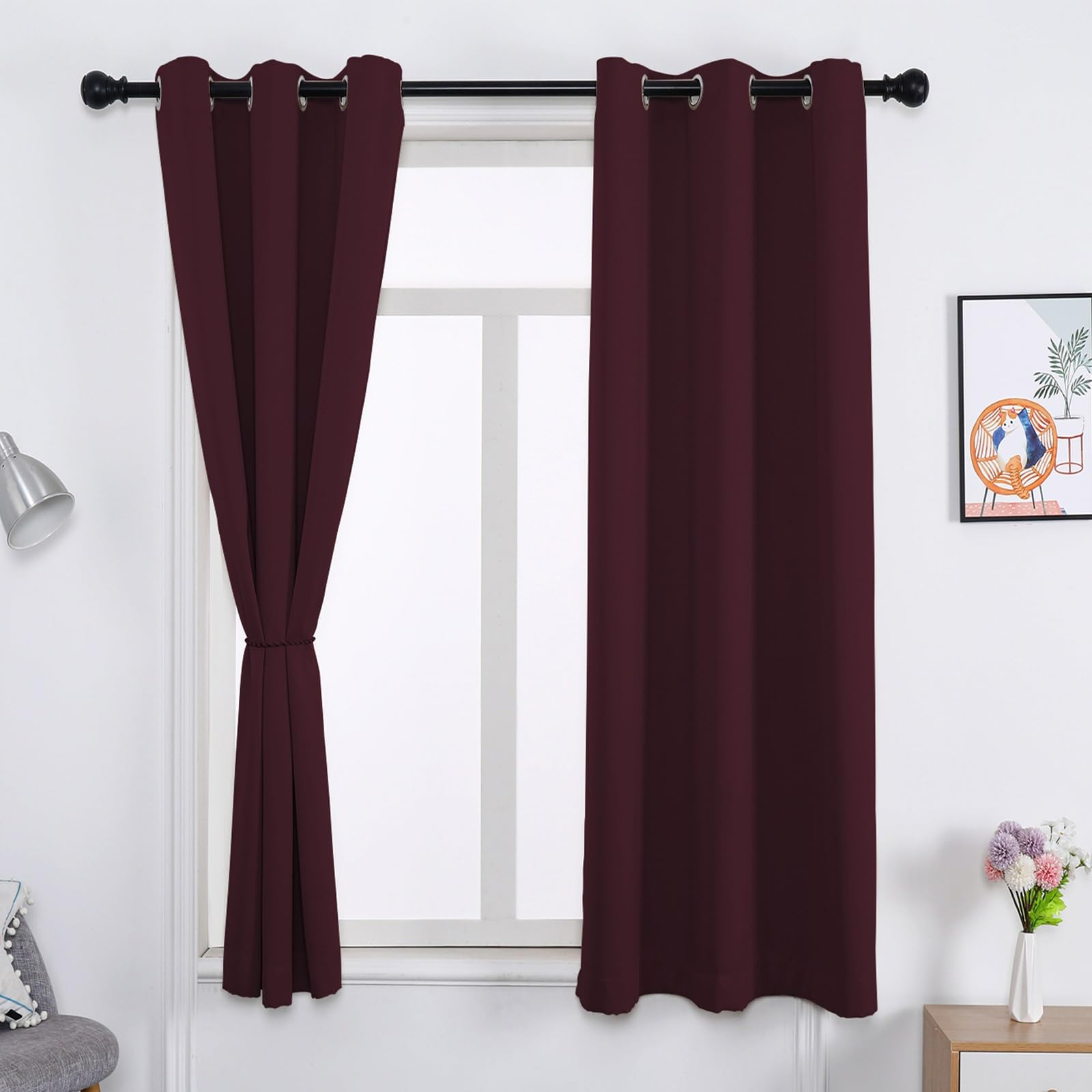 WUXXIANG 100% Blackout Curtains for Bedroom 100 x 60 cm UV Block and Privacy Protection, Lightweight Eyelet Curtains for Living Room, with Matching Tie Backs, for Bedroom Nursery, Red Wine