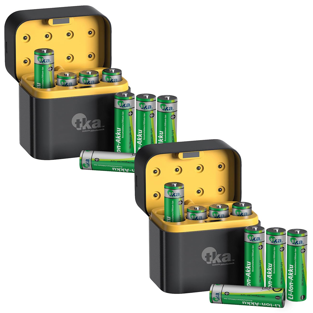 tka Köbele Akkutechnik Akku Ladegerät: 16er-Set Li-Ion-Akkus Typ AA, 2 USB-C-Ladeboxen, 3.000mWh, Ladeanzeige (AA mit Ladegerät, Ladestation, AAA)