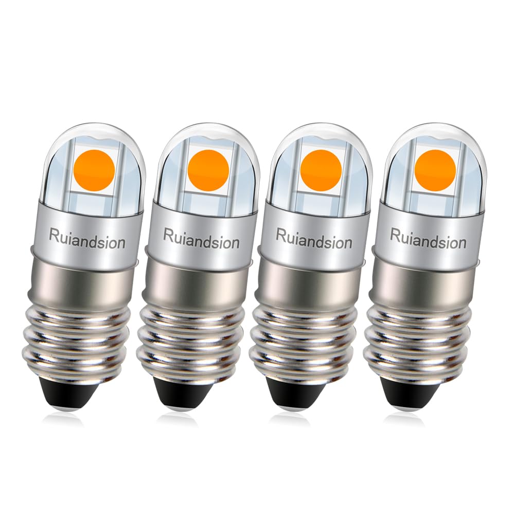 Ruiandsion E10 LED Flashlights Bulb 6V Non Polarity E10 Screw Base LED Bulb 3030 2SMD Chips Yellow for Flashlights Torch Light Bulbs Pack of 4