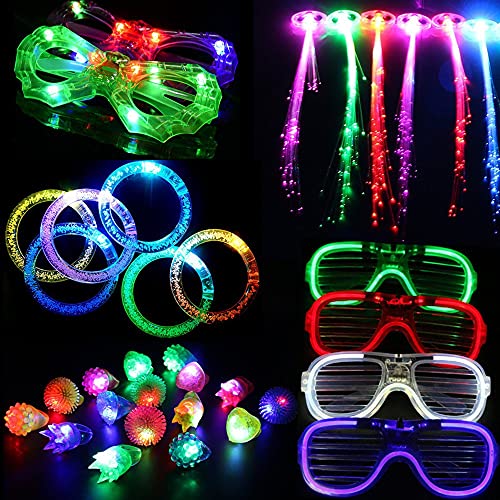 Acmee 30 Pieces LED Light Up Party Favor Toy Set.LED Party Pack LED Accessories - 6 Flashing Bumpy Rings,6 Finger Lights, 6 RGB Bubble Bracelets,6 LED Glasses and 6 LED Fiber Optic Hair Extensions