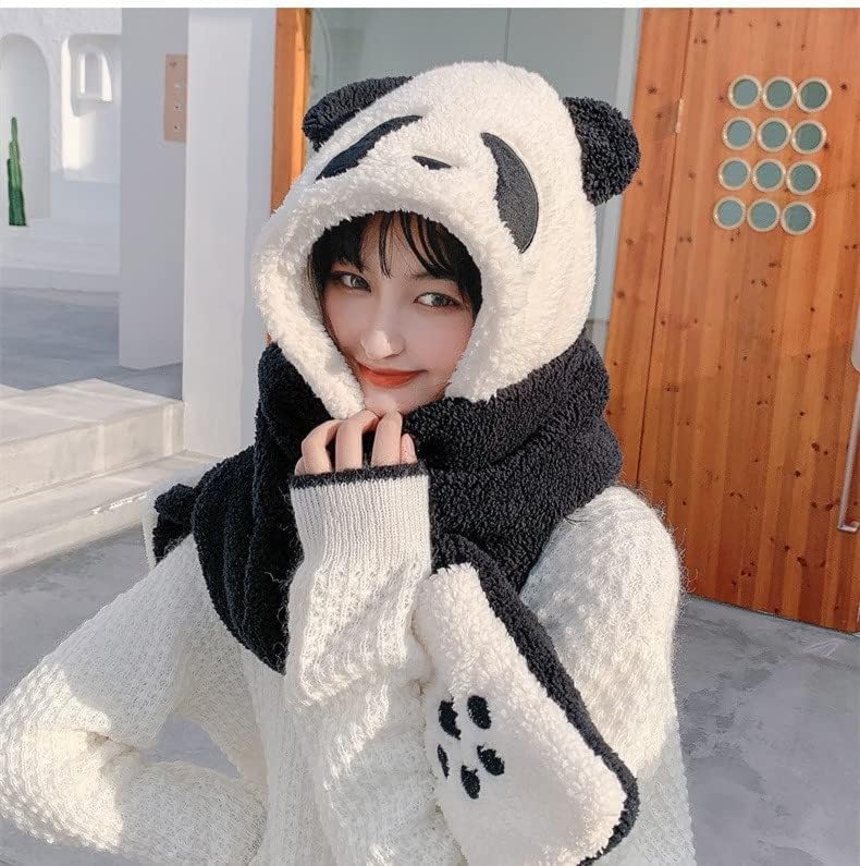 Women Girls 3 in 1 Hoodie Cap Panda Animal Winter Hats Cute Paw Gloves Mitten Scarf Set for Christmas Party Holiday Hat4