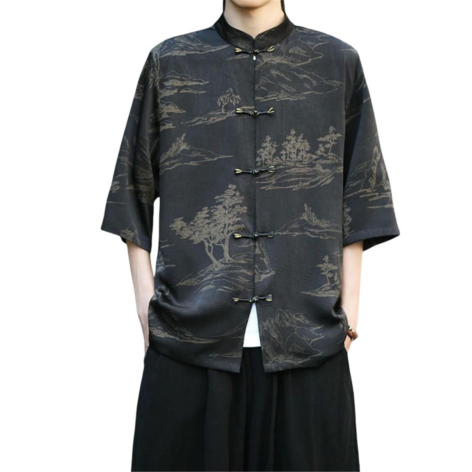 Męski letni retro chiński styl Hanfu Tang garnitur stójka żaba guzik nadruk koszulka z krótkim rękawem top