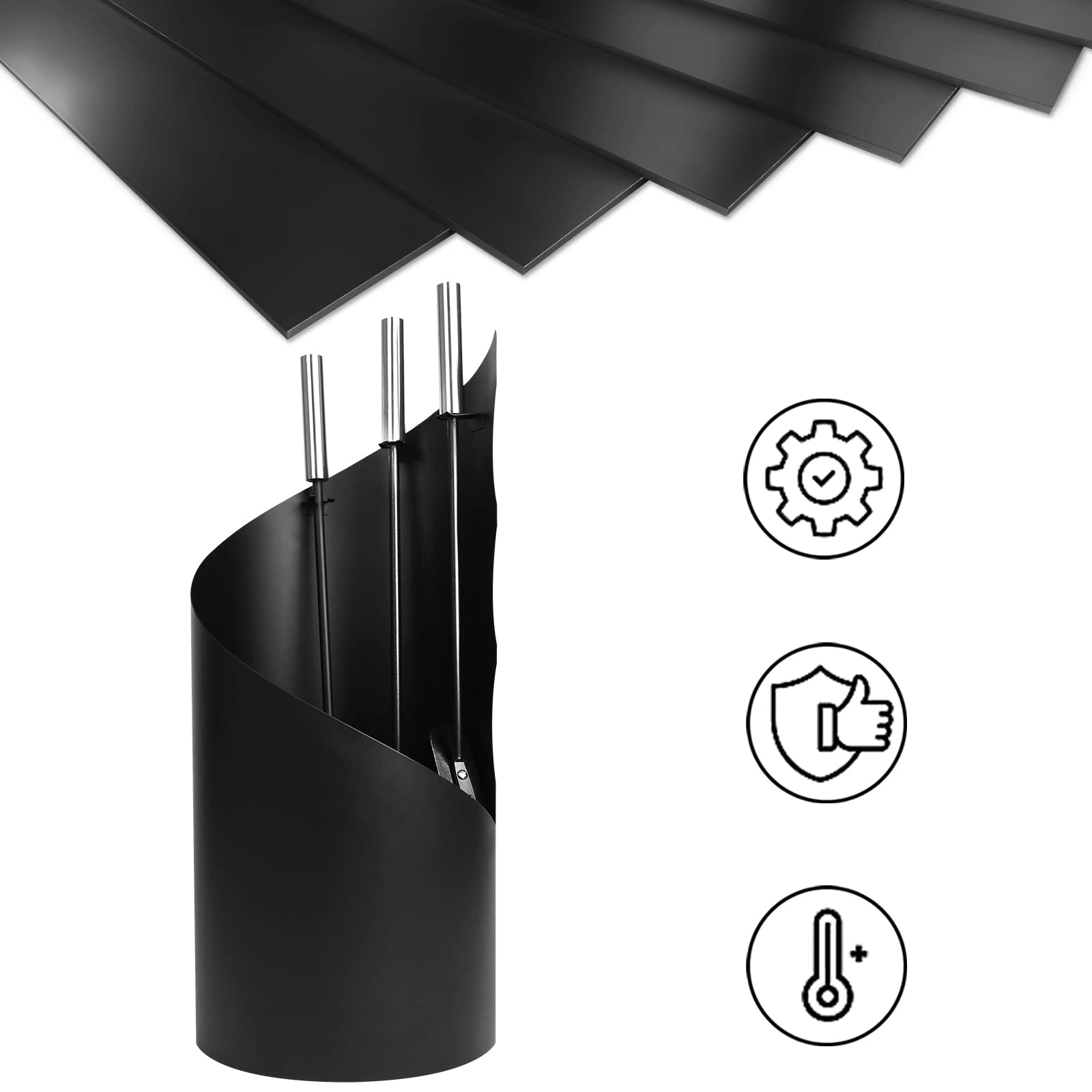 HENGMEI Set di 5 accessori per camino in acciaio inox, set di posate per camino, con supporto, scopa, pinza, gancio, pala per stufa a legna (nero, tipo B)