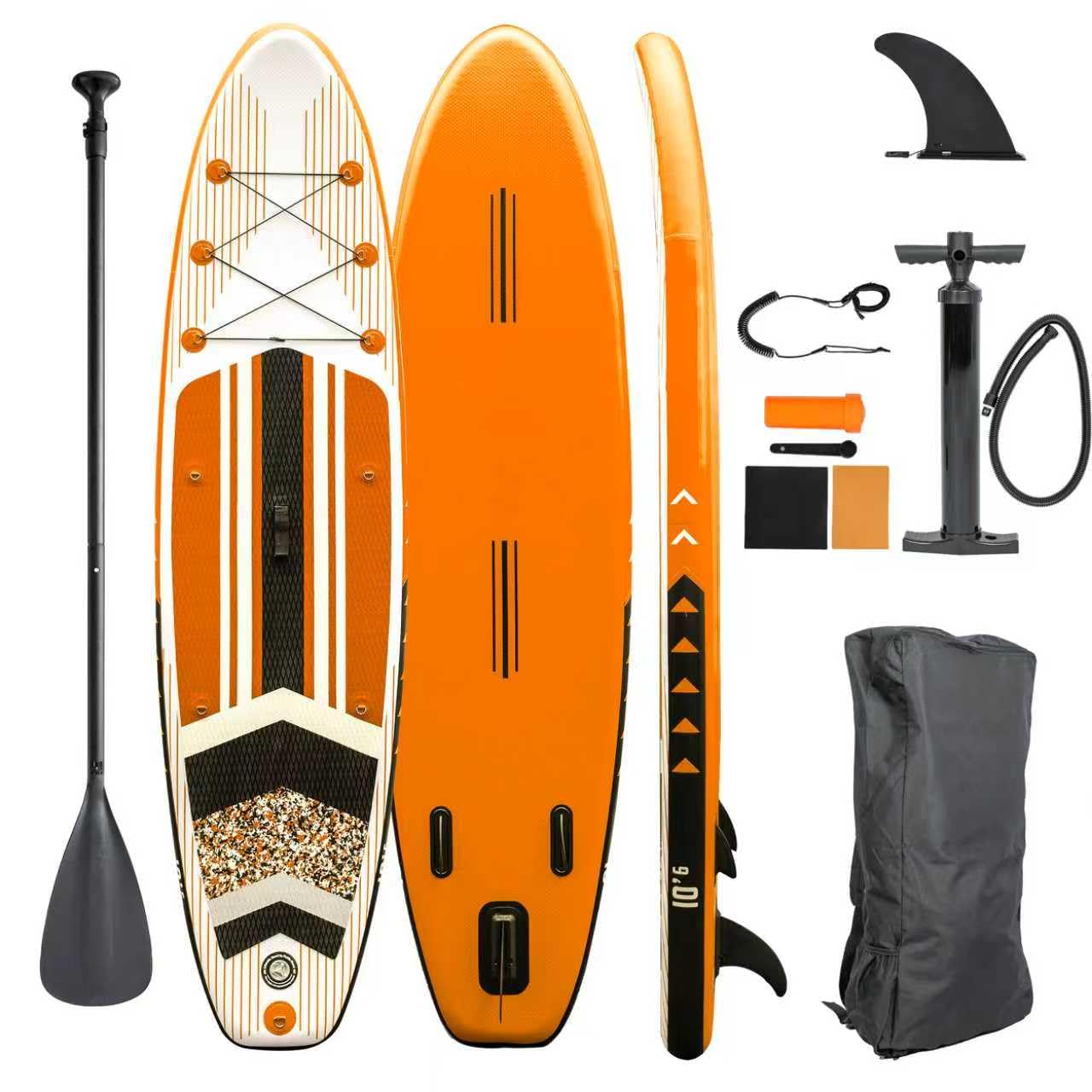 Stand Up Paddle Board e4fun, vari colori, 320 x 81 x 15 cm, gonfiabile, con pagaia, pompa, zaino, kit di riparazione (arancione)