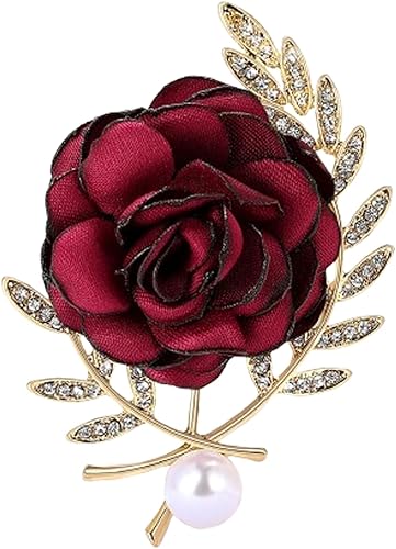Broche de rosa para mujer, delicado, tela de satén, alfileres de solapa de flores, vintage, elegantes, broches de perlas de cristal, hechos a mano,
