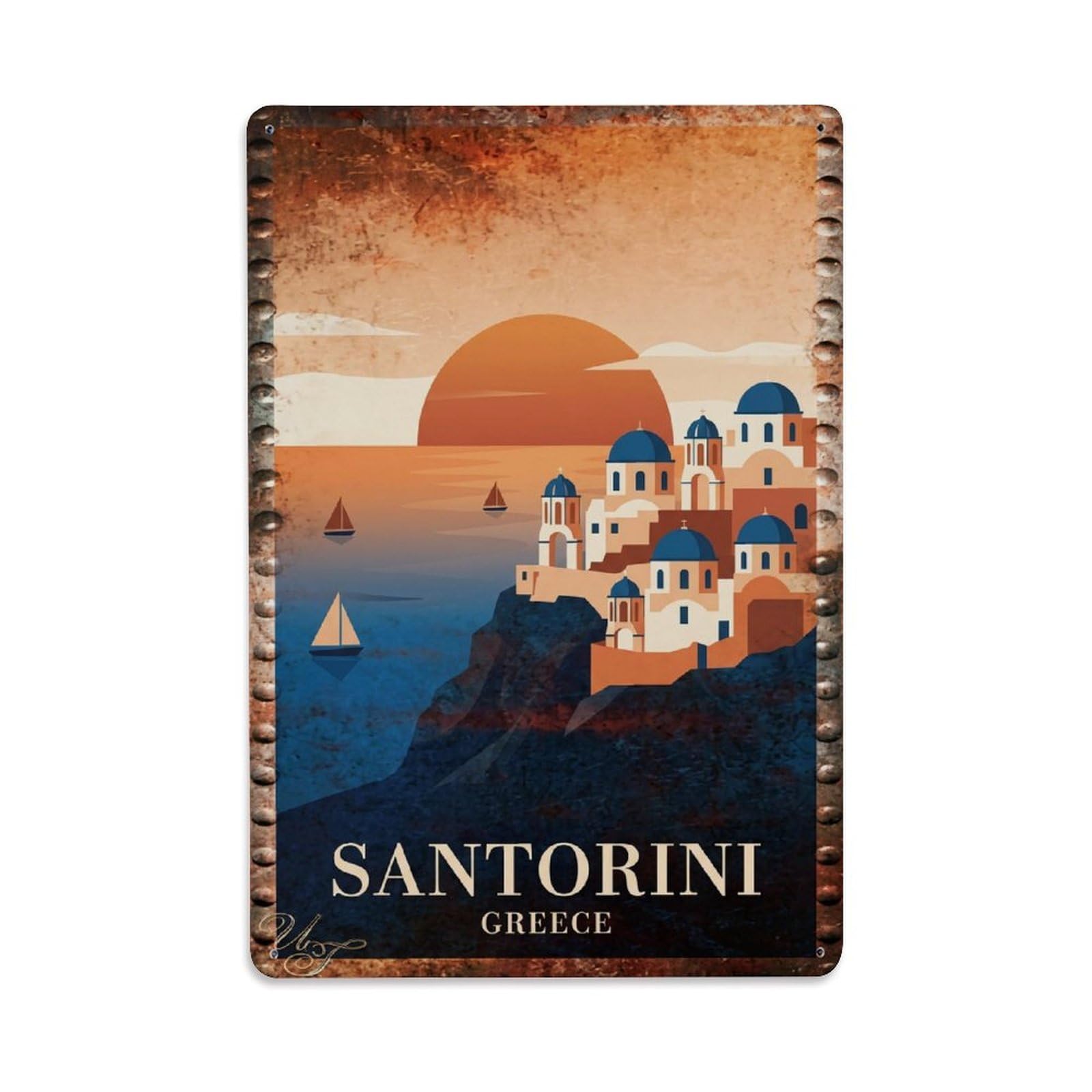 Fyrn Style Metal Tin Sign Vintage Travel Santorini Greece Sunset