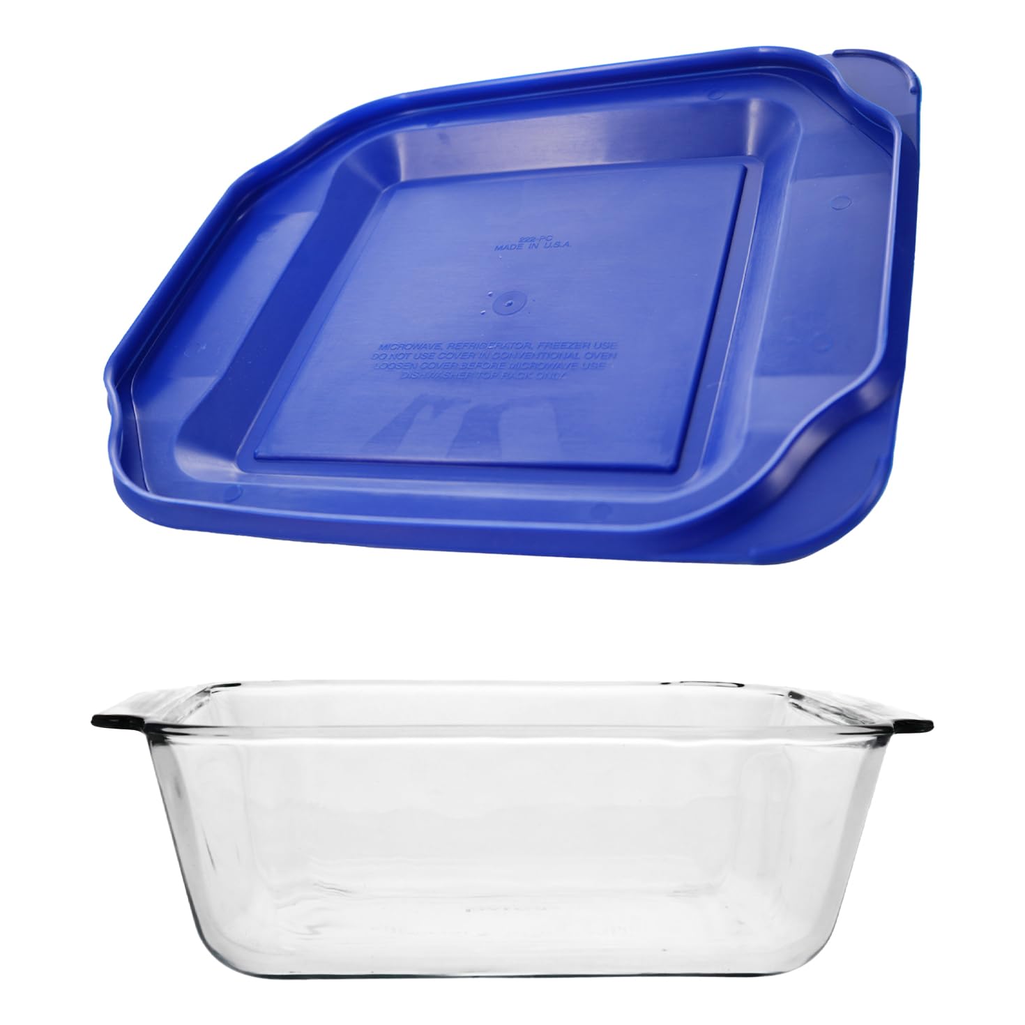 Pyrex 222-D 2,5 Qt tiefe Glas-Backform und 222-teiliges blaues Deckel, hergestellt in den USA
