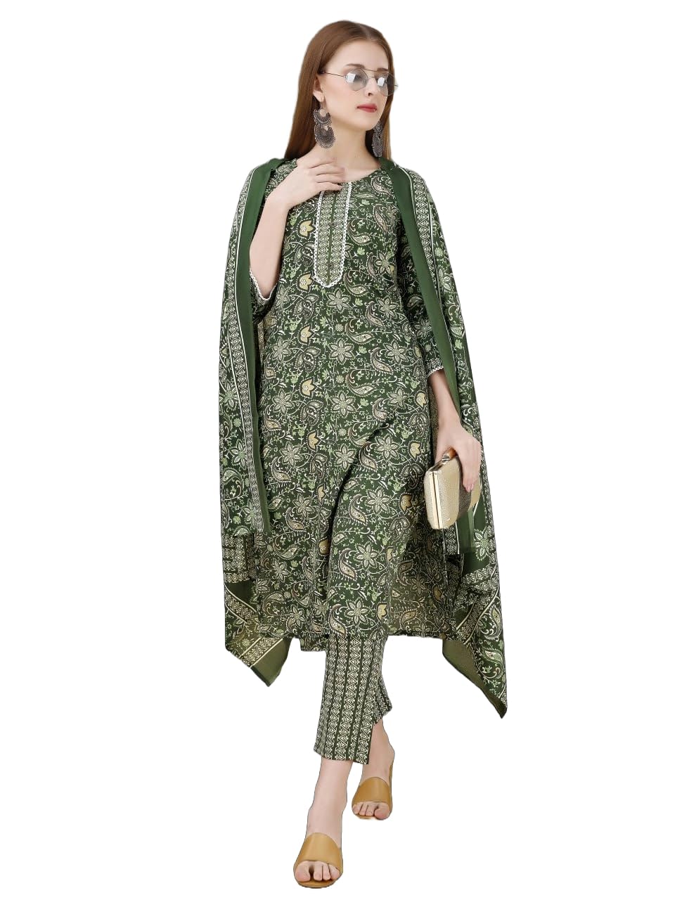 Women's Cotton Printed Salwar Suit Set, Navy Blue Floral Pattern, 3-Piece Traditional Ethnic Wear with Embroidered Neckline-picture-38