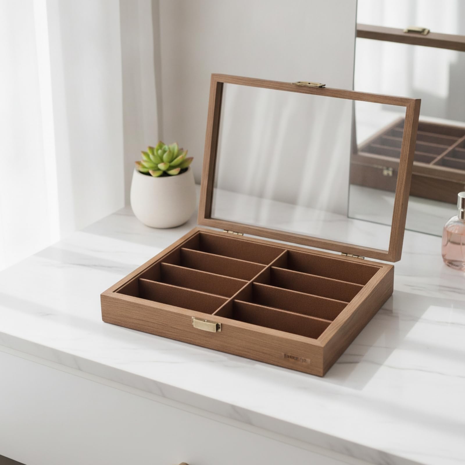 Brillen Aufbewahrungskoffer Brillenetui Brillenorganizer mit Glasfenster Im Deckel Und Sicherem Messingriegel 8 Fächer Sanft Gepolsterte Einlage für