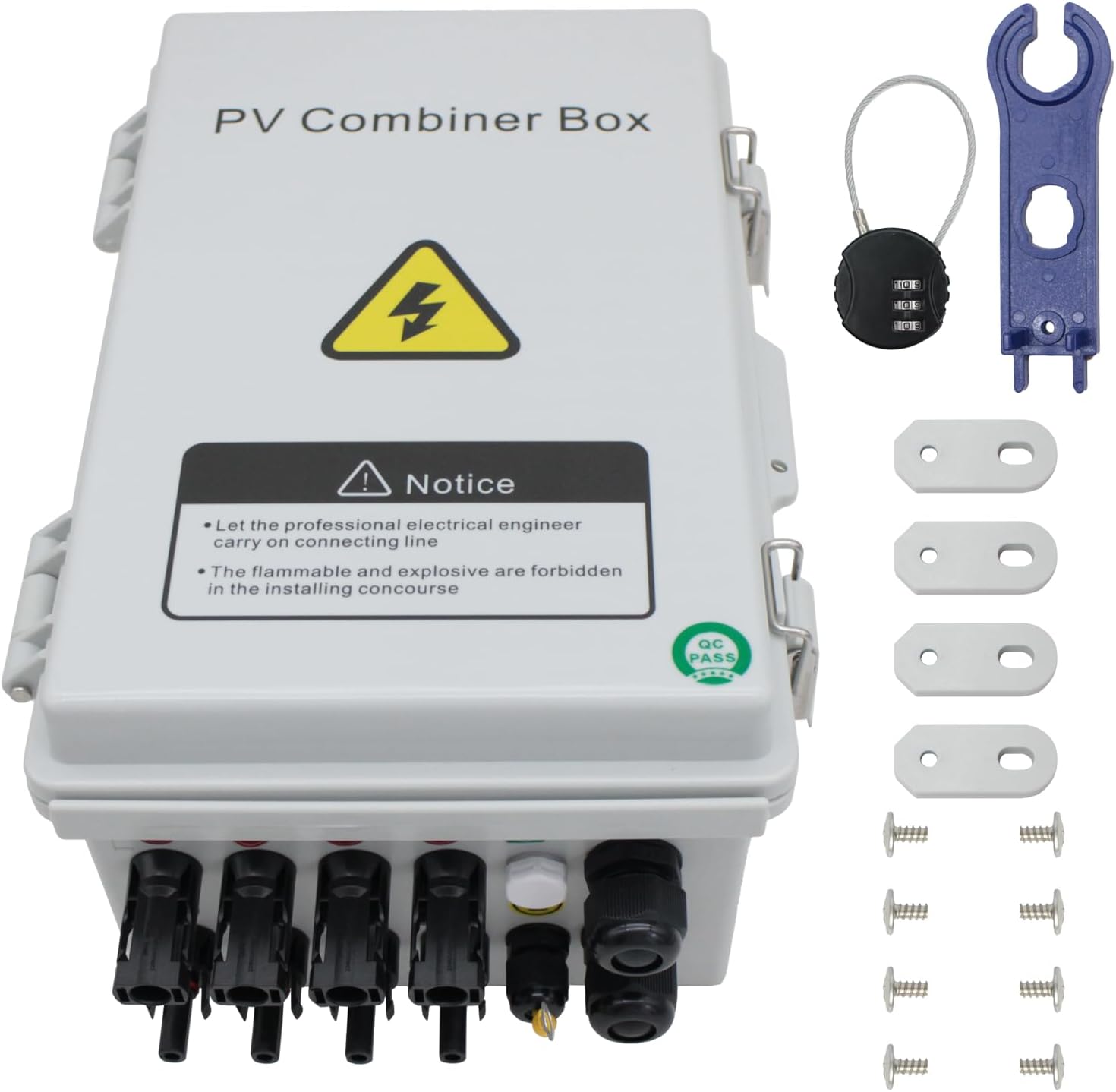 ABS Waterproof PV Combiner Box with 6 String, Solar Panel Combiner Box for On/Off Grid Solar System, includes Circuit Breaker, Lightning Arrester and 15A Rated Current Fuse (Gray, with Lock)