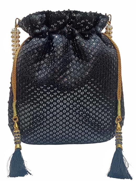 amerie fashions Women's Black Sequins Potli Bag Purse with Pearl Handle for Party Wedding-picture-27