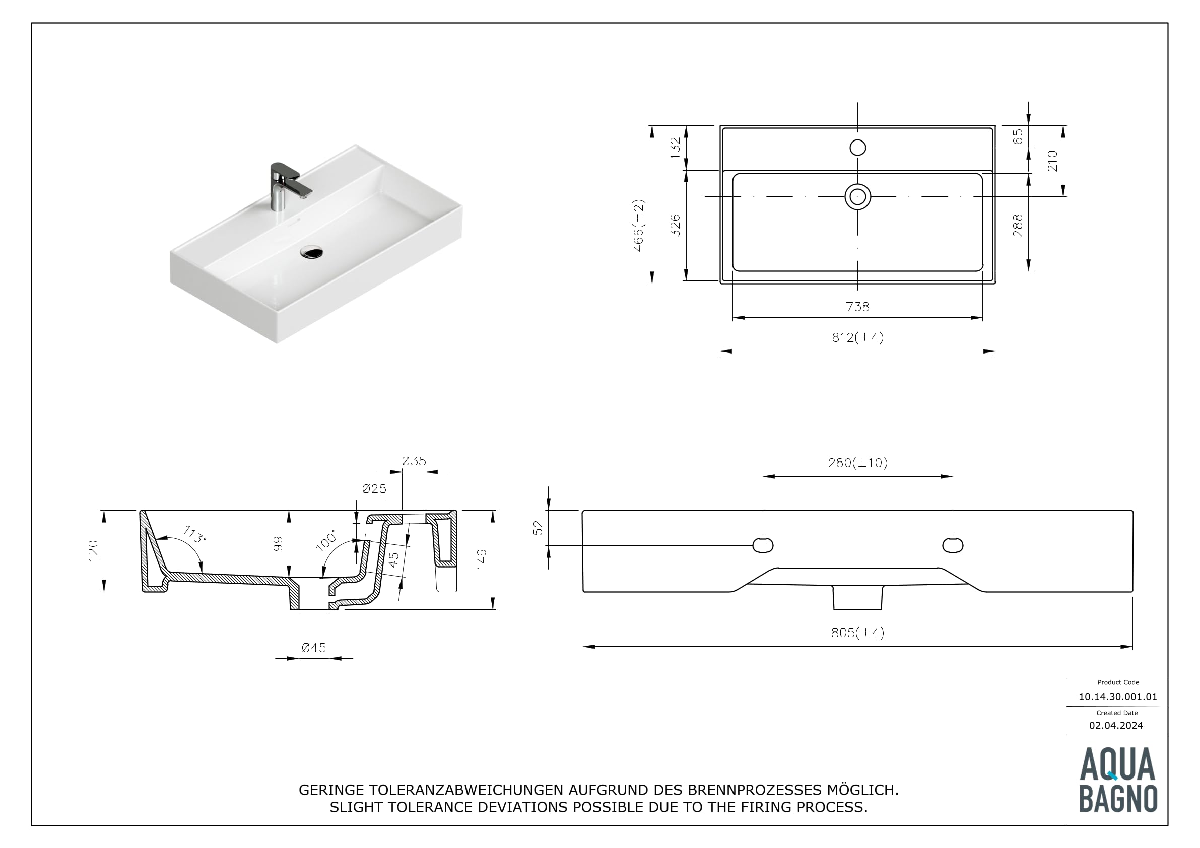 Aqua Bagno lavabo cerámico 80 cm blanco – lavabo encimera rectangular para baño, diseño moderno con borde fino, superficie fácil de limpiar, montaje en pared o sobre encimera | También como lavabo superior, con orificio para grifo, borde fino de 8 mm, mon
