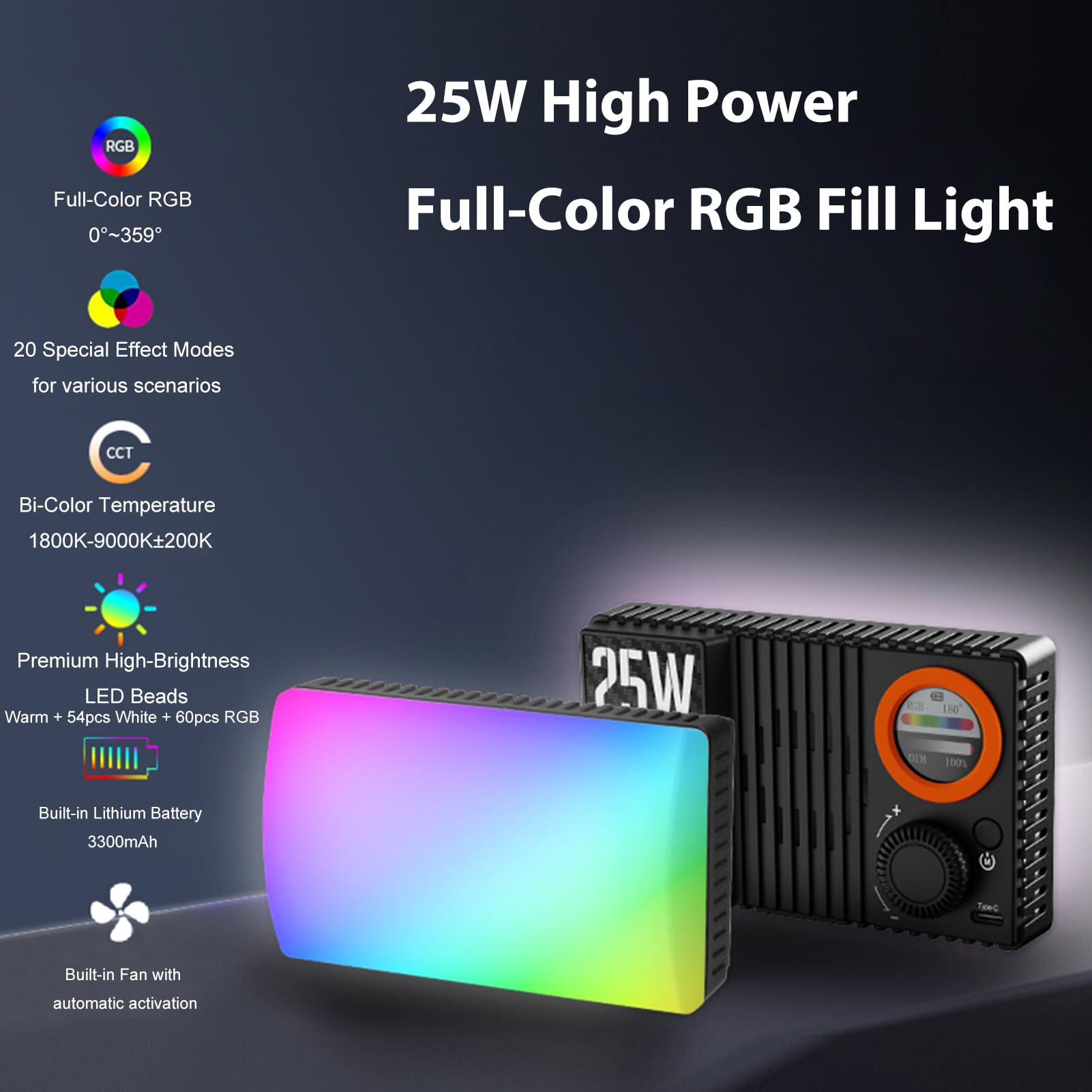 Andoer Luz Relleno RGB 25W Recargable 168 Luces de Vídeo LED 1800K-9000K Luz Vlog Regulable para Fotografía