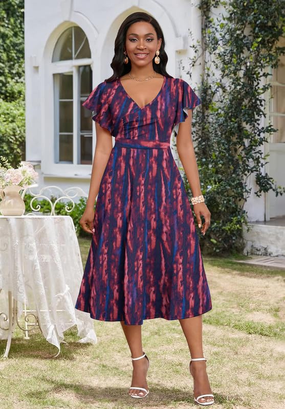 Image of MarryUP Women's Cocktail Midi Dress Elegant V Neck Ruffle Short Sleeve Wrap Wedding Guest Semi Formal A Line Dress