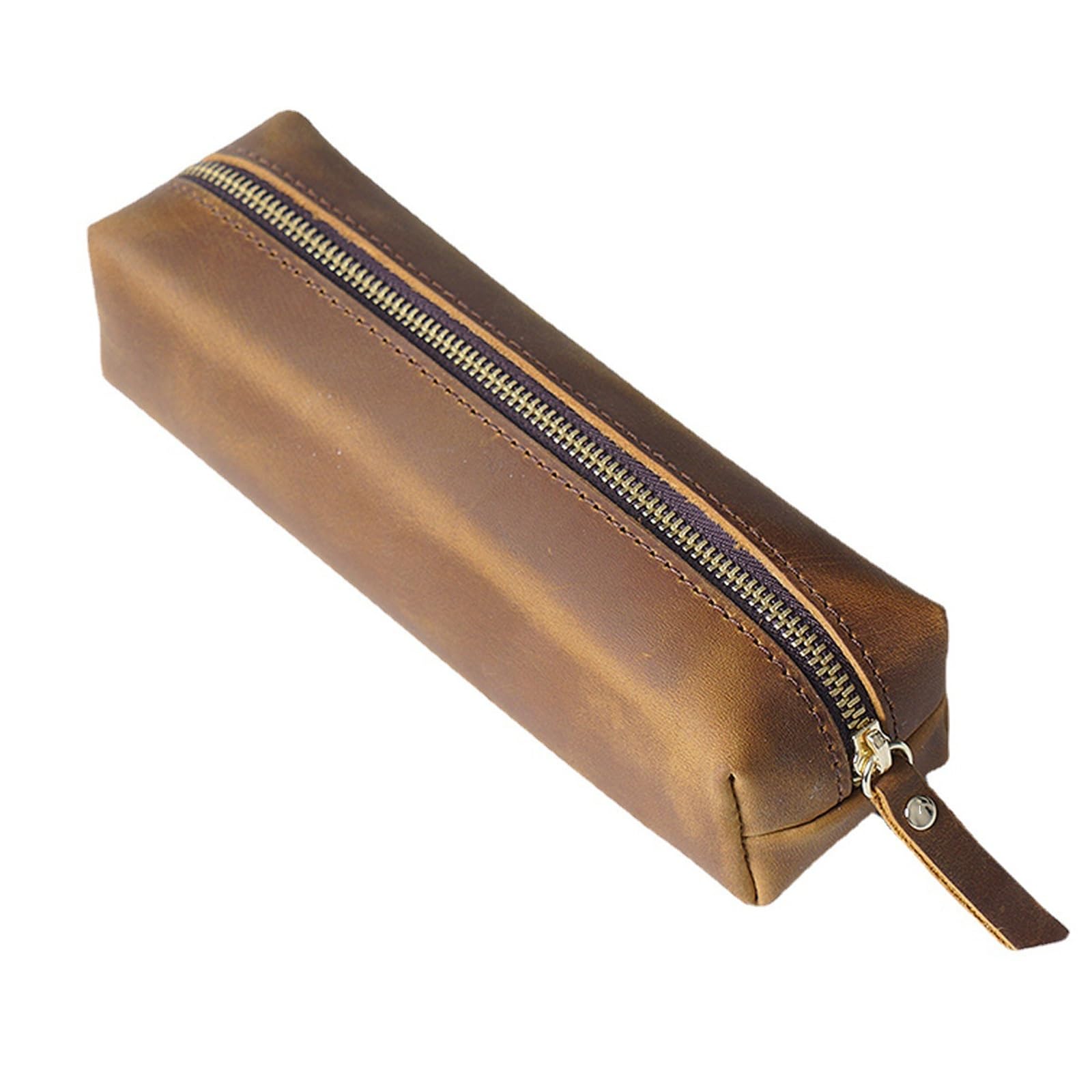 DUMRALBQE Wooden Jewelry Box Leather Pen Organiser Men's Zip Case Pencil for Storage and Organization(Brown)