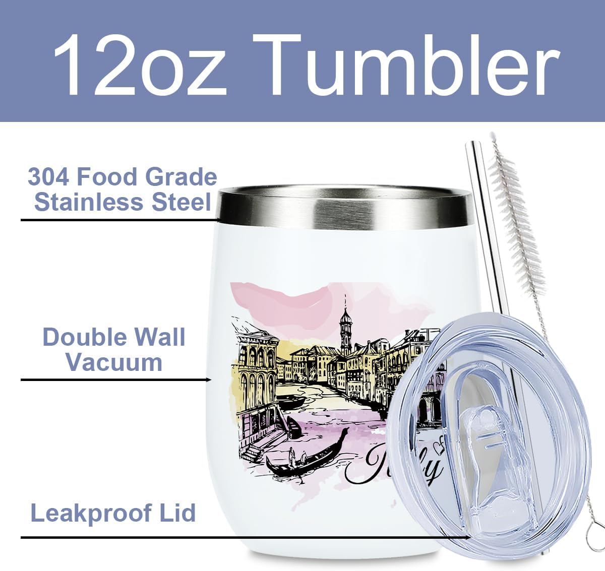 Watercolor Italy Gifts Wine Tumbler Italy Souvenirs Italian Travel Friendship Gifts for City Lovers Women Men Girls Birthday Christmas Insulated Stainless Steel Wine Glasses 12 oz Tumbler with Lid - Image 2