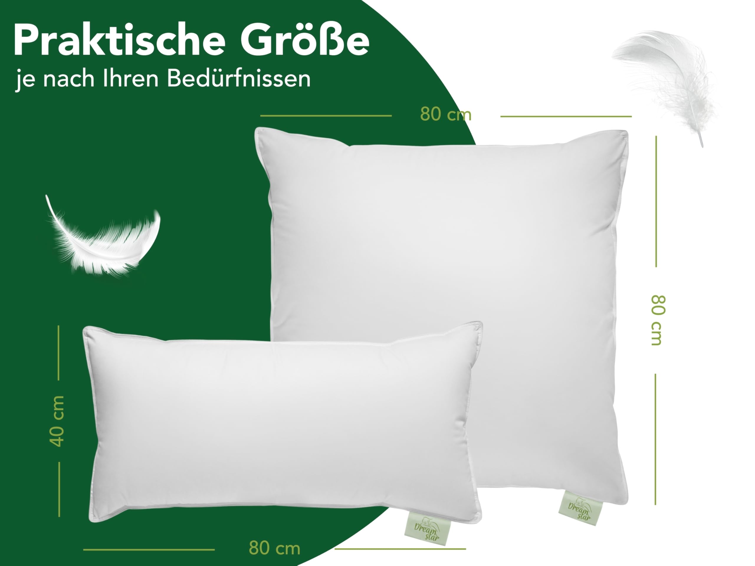 DREAMSTAR Daunenkissen 80 x 80 cm | 3-Kammer Daunenkopfkissen | Kopfkissen 80 x 80 Daunen & Federn | Kissen Öko-TEX® | Top Hotelqualität | Allergiker geeignet