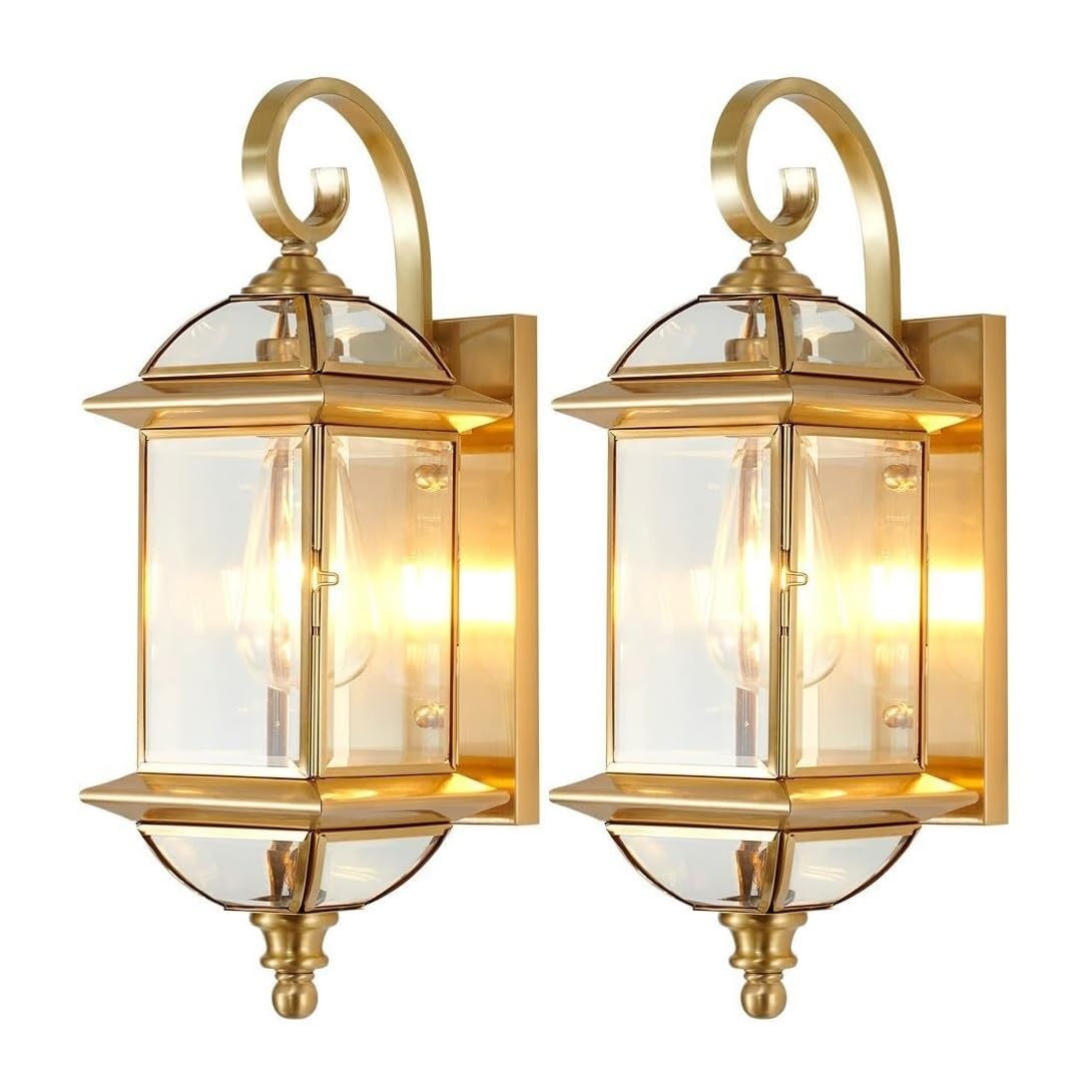 SXSCARKX Brass Outdoor Wall Sconce Light Fixture - 18.5" Waterproof Glass Lantern for Front Door, Porch, Garden & Patio Elegant Gold Exterior Lighting Door and Balcony