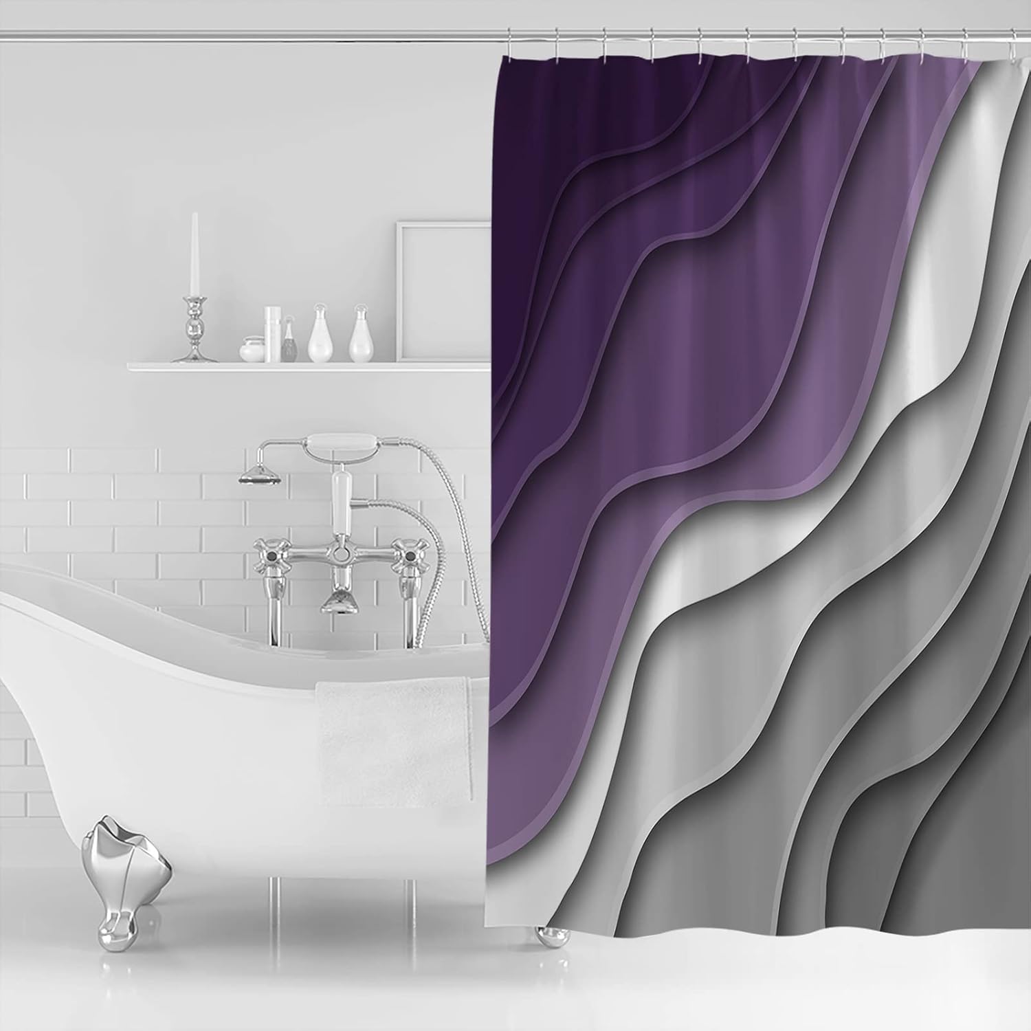 Purple Ombre Shower Curtain, Summer Ocean Beach Waves Shower Curtains for Bathroom and Bathtubs Decor,Abstract Modern Purple Grey Gradient Bath Curtain Fabric Shower Curtain Set with Hook 72x78 inch