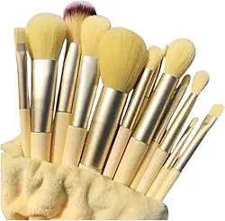 Kit Profissional de Pincéis para Maquiagem 13 Peças com Cerdas Sintéticas Cabo Plástico com Bolsa de Camurça Rosa e Prata