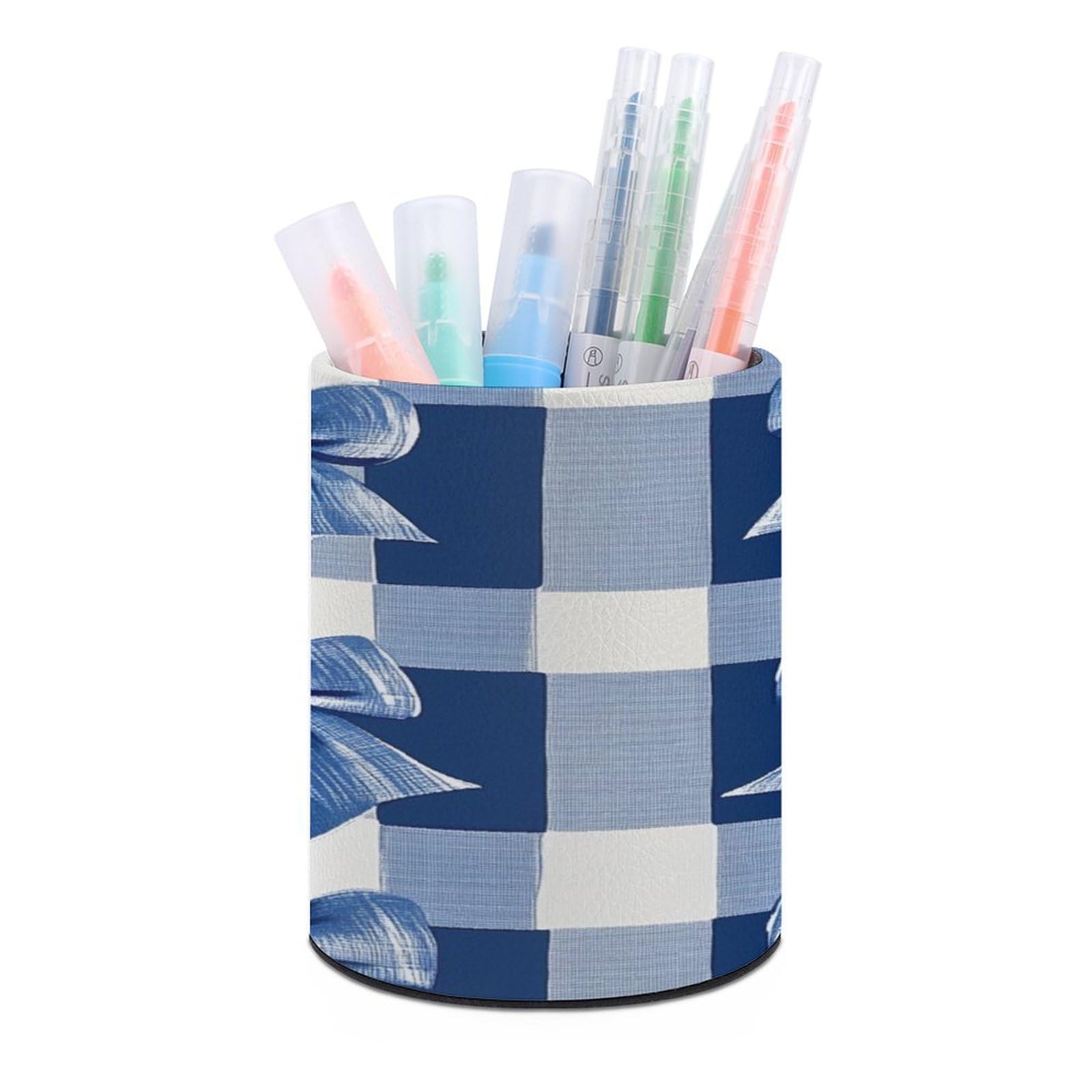 DuduYH Blue Bows Pencil Holder Round Pen Cup Navy Blue Checkered Gingham Pattern PU Leather Marker Holder Makeup Brush Holders Desk Accessories