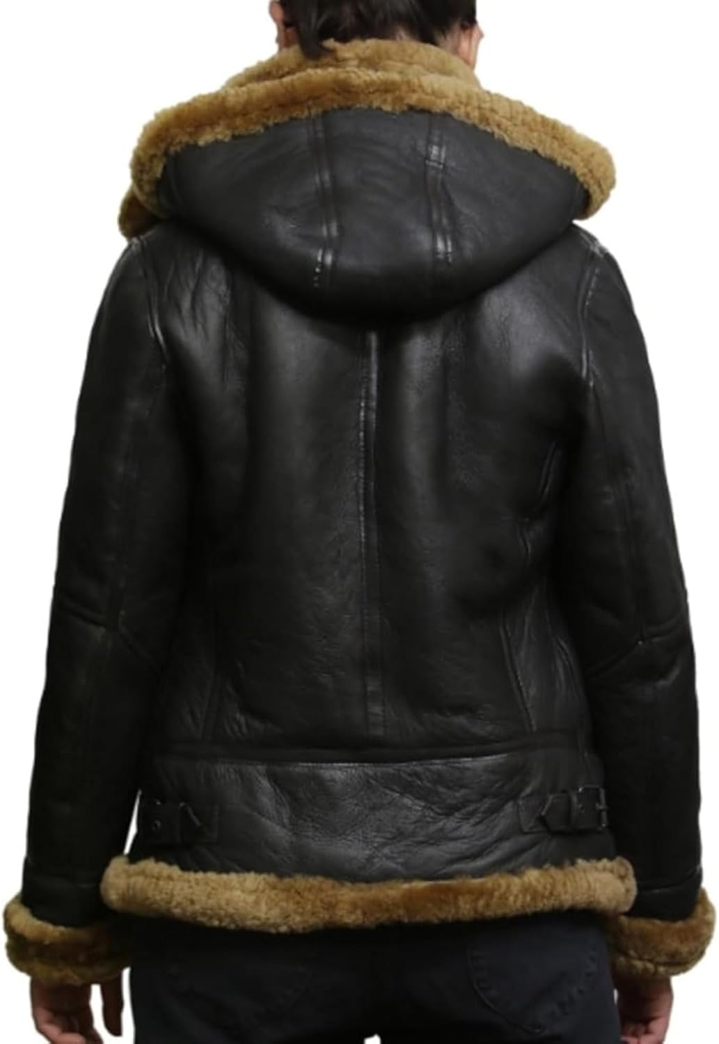 Women's Hooded Leather Jacket - Faux Fur Shearling Aviator Pilot Bomber Genuine Sheepskin Leather Jackets for Women - Image 4