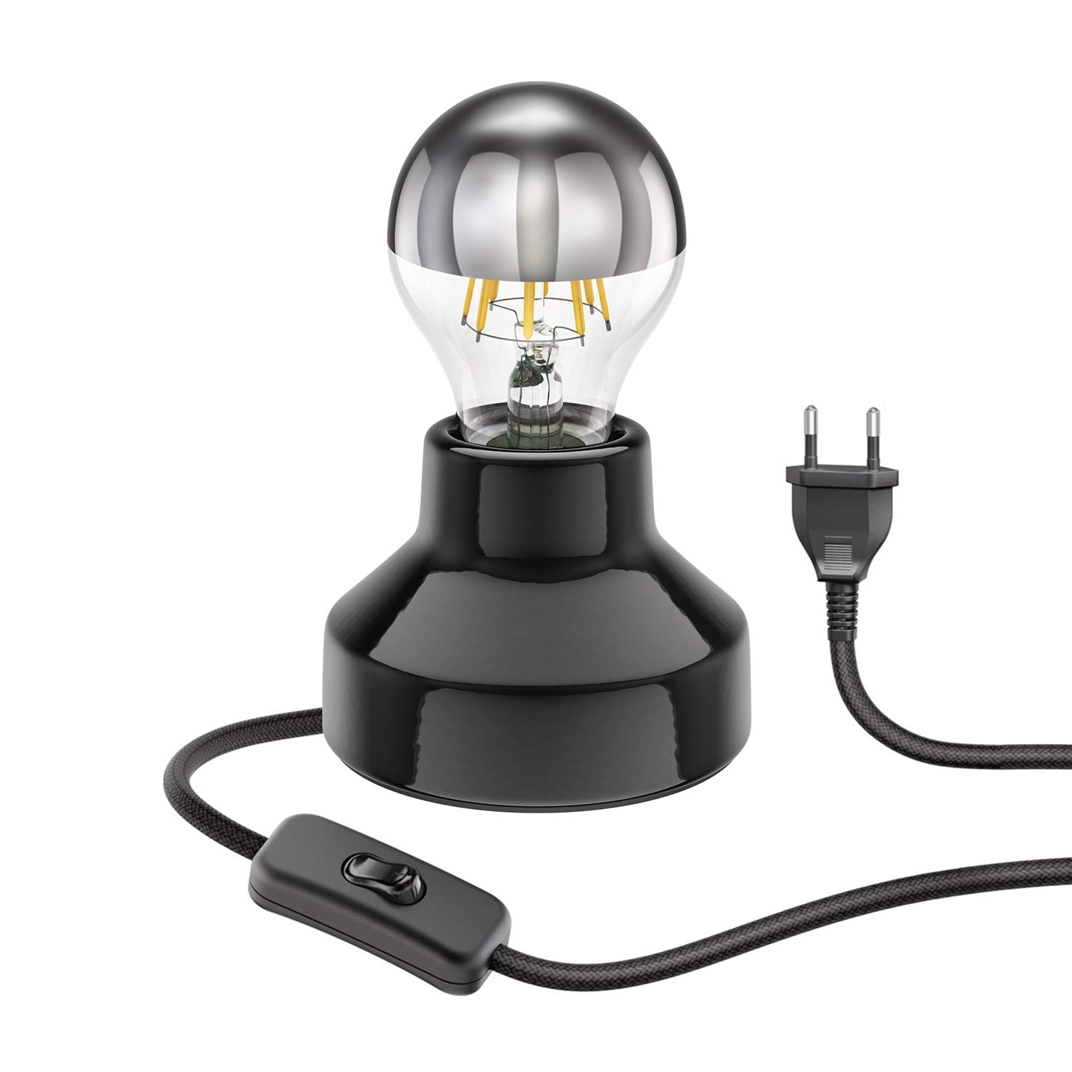 ledscom.de E27 Porzellan Tischlampe TIX, rund mit Stecker und Schalter, schwarz, 90mm inkl. E27 Lampe 667lm warmweiß