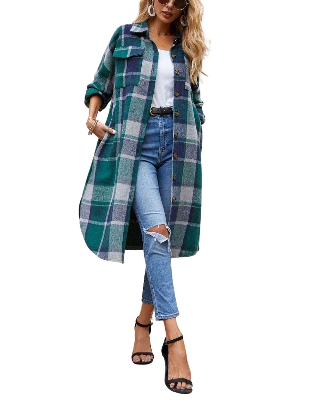 Kwoki Women's Long Plaid Shirt Jacket Casual Loose Fit