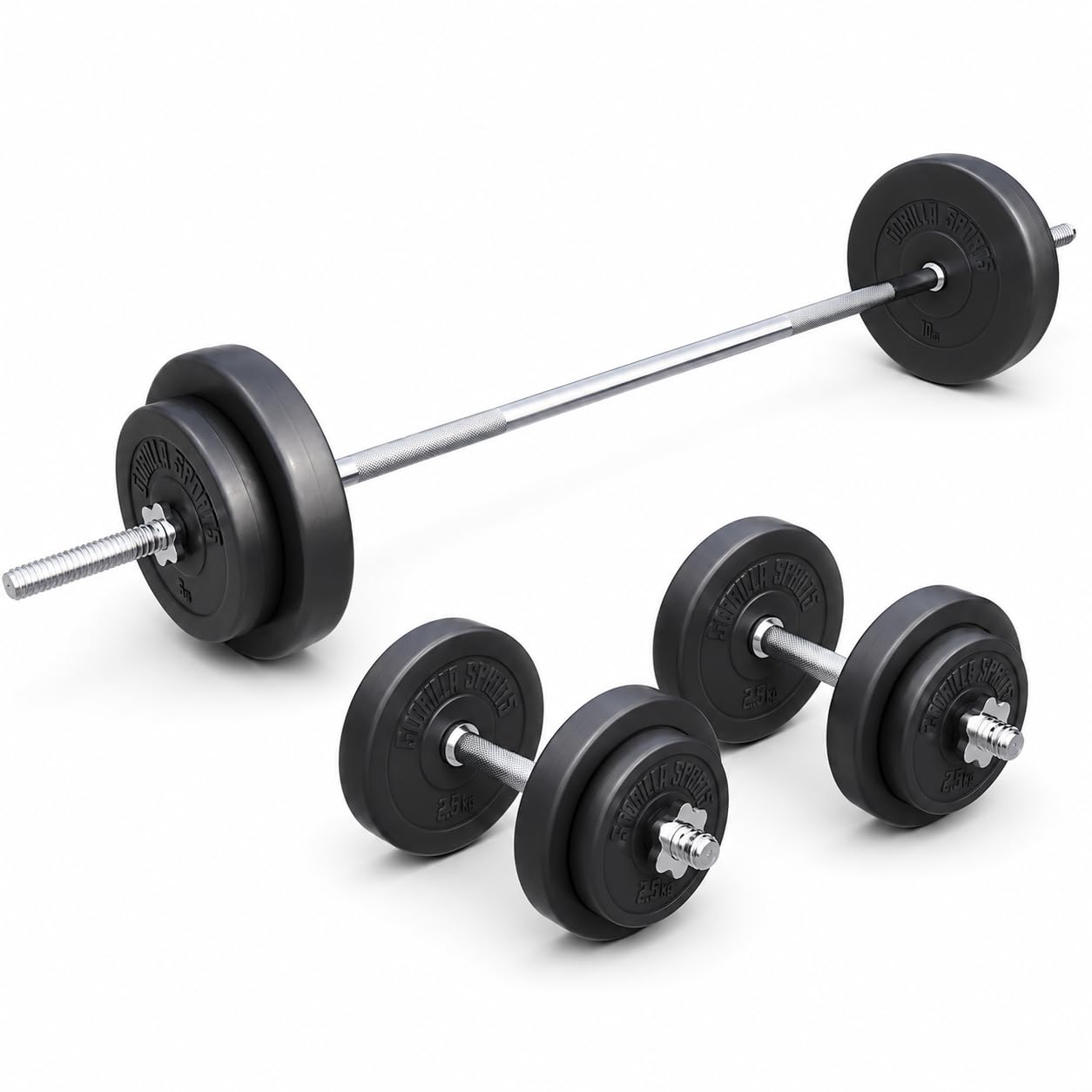 Gorilla Sports® Juego de mancuernas y discos – 60 kg, 100 kg o 130 kg, Ø 30 mm, barra 170 cm, con cierres, estriado, antideslizante, acero cromado – Mancuernas, gimnasio, entrenamiento, levantamiento