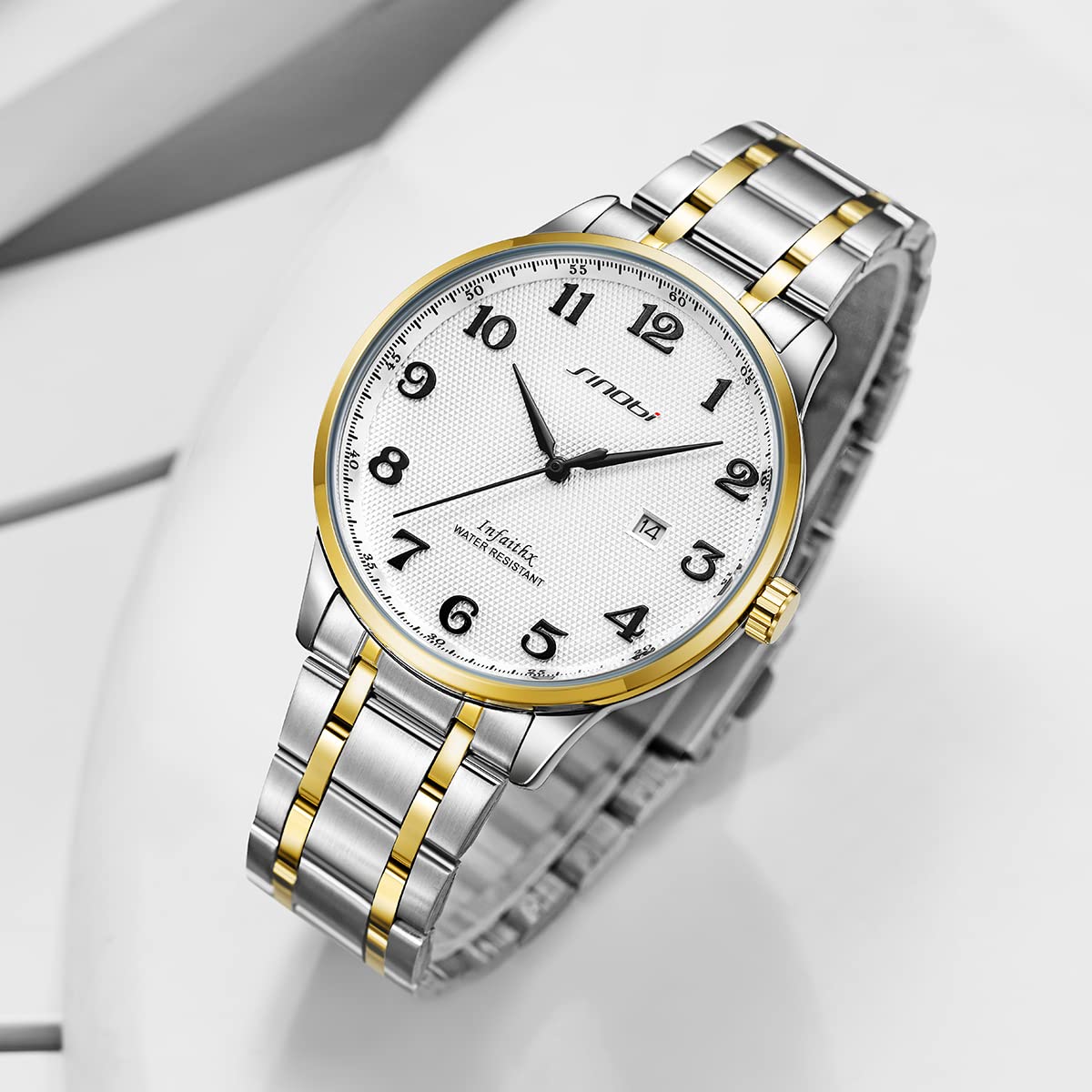 SHENGKE SINOBI Classic Business Men’s Watches Arabic Numerals Easy Reader Wristwatches for Men with Calendar Date Water Resistant (Silver-Gold-Steel Band)