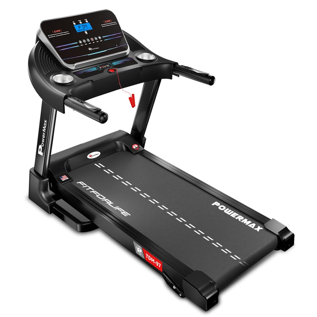 PowerMax FitnessTDM-97 4HP BLDC Motor Treadmill for Home with 12 preset Workouts, Top Speed 12kmph, Aux, Speaker | Manual Incline Foldable Cardio Machine for Max User 110Kg, Heart Rate Sensor