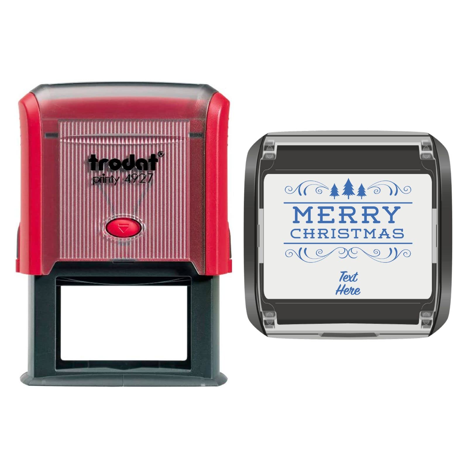 Trodat 4927 Personalised Christmas Card Message/Label Self Inking Rubber Stamp Merry Christmas & Tree in Blue Ink with 2 Lines of Customised Text