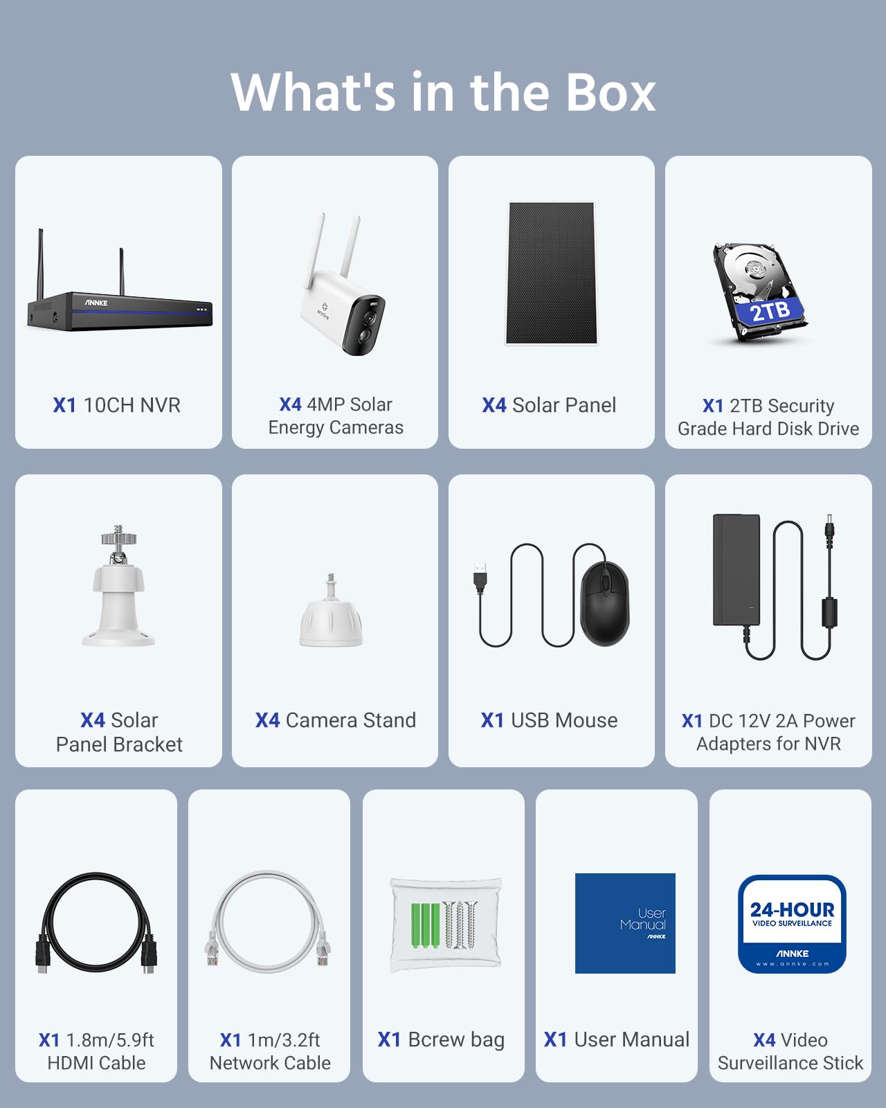ANNKE 4MP Kit Telecamera WiFi Esterno con Pannello Solare, NVR 10CH 2TB + 4x Telecamera di Sicurezza Batteria Solare Esterna, Visione Notturna a Colori, Rilevamento Movimento, Audio a 2 Vie, IP66
