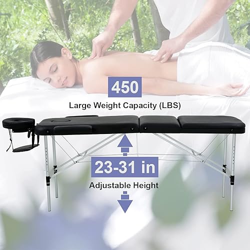Miniatura 5 de Mesa de masaje de aluminio, cama de spa portátil de masaje de 3 pliegues, cama de salón de masaje profesional, altura ajustable, cama de masaje con