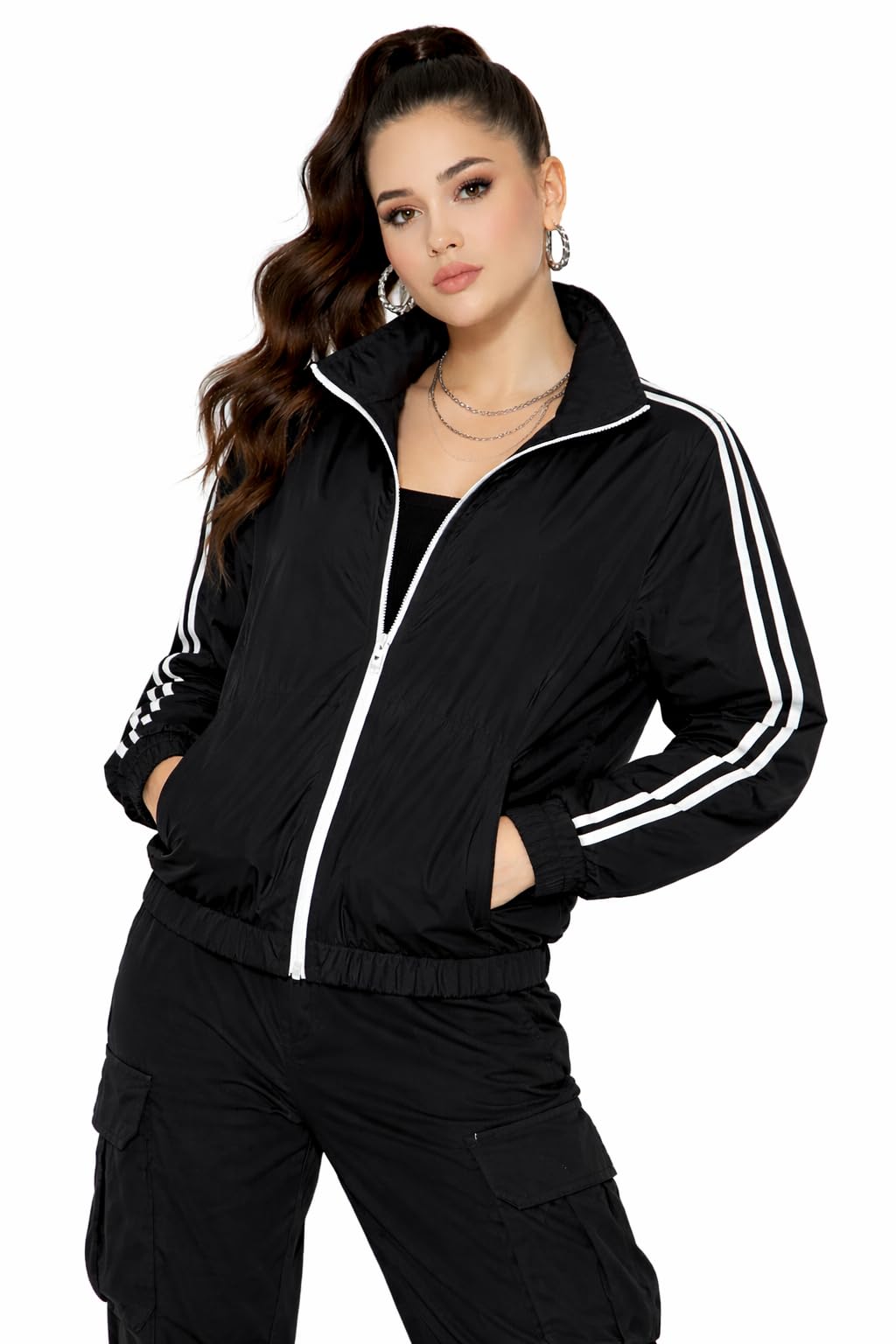 designally Women's Windbreaker Track Jacket, Zip-Up, Stand Collar, Side Stripe, Sporty Casual Style-picture-17