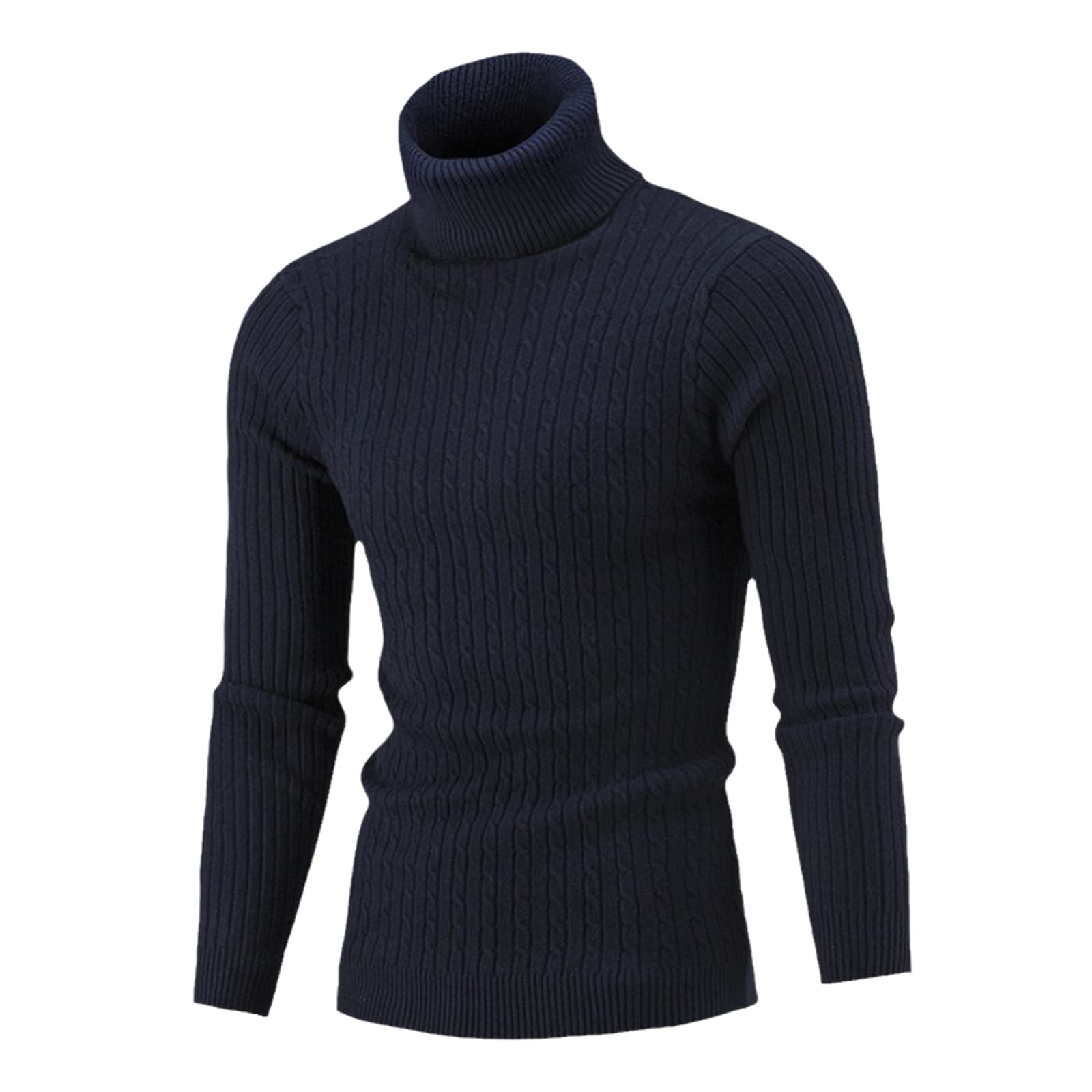 Pull thermique uni à manches longues et col roulé pour homme, bleu marine, XXL